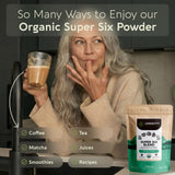 Longevity Botanicals Super Six Mushroom Blend with a measuring scoop