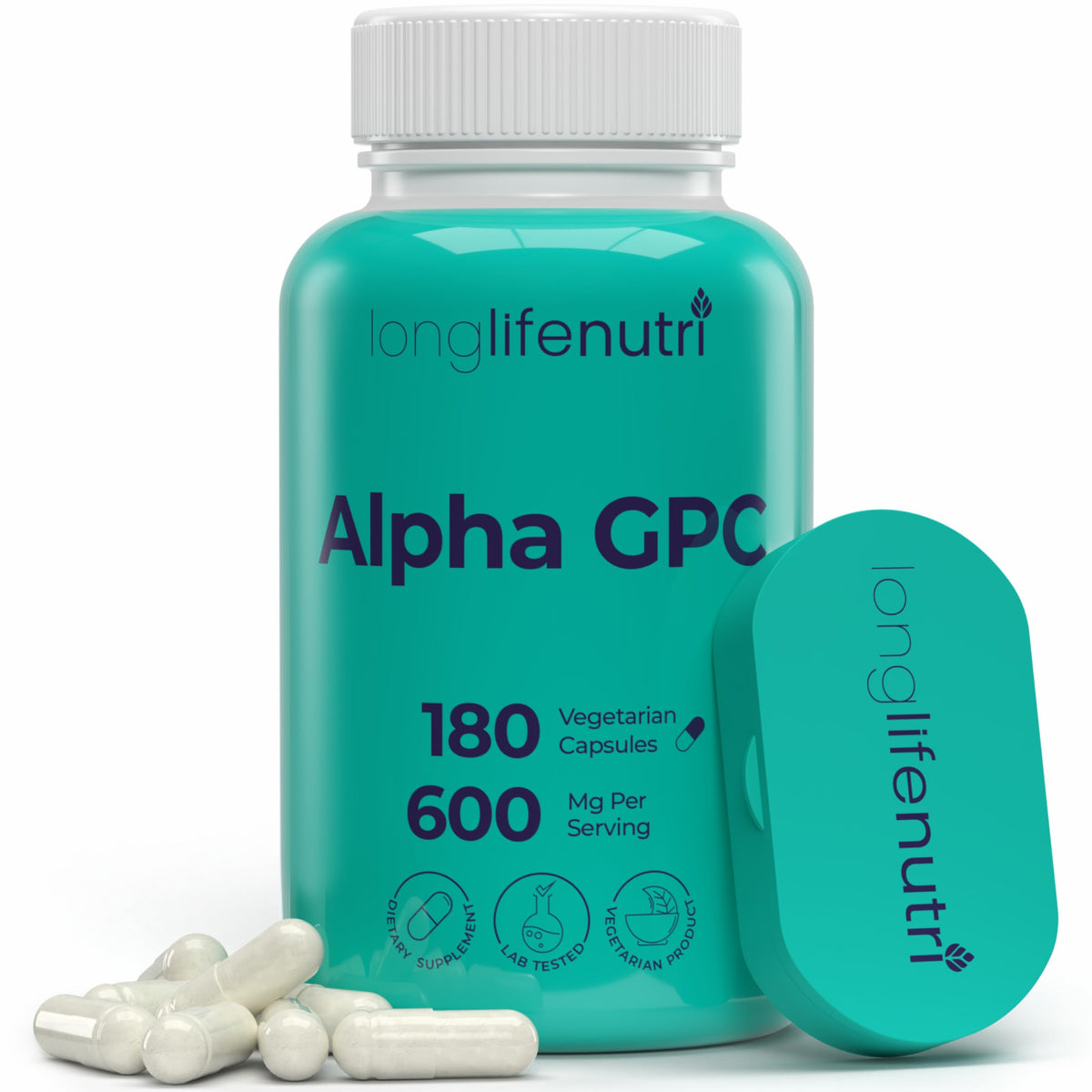 LongLifeNutri Alpha GPC 600mg Choline Supplement bottle front view
