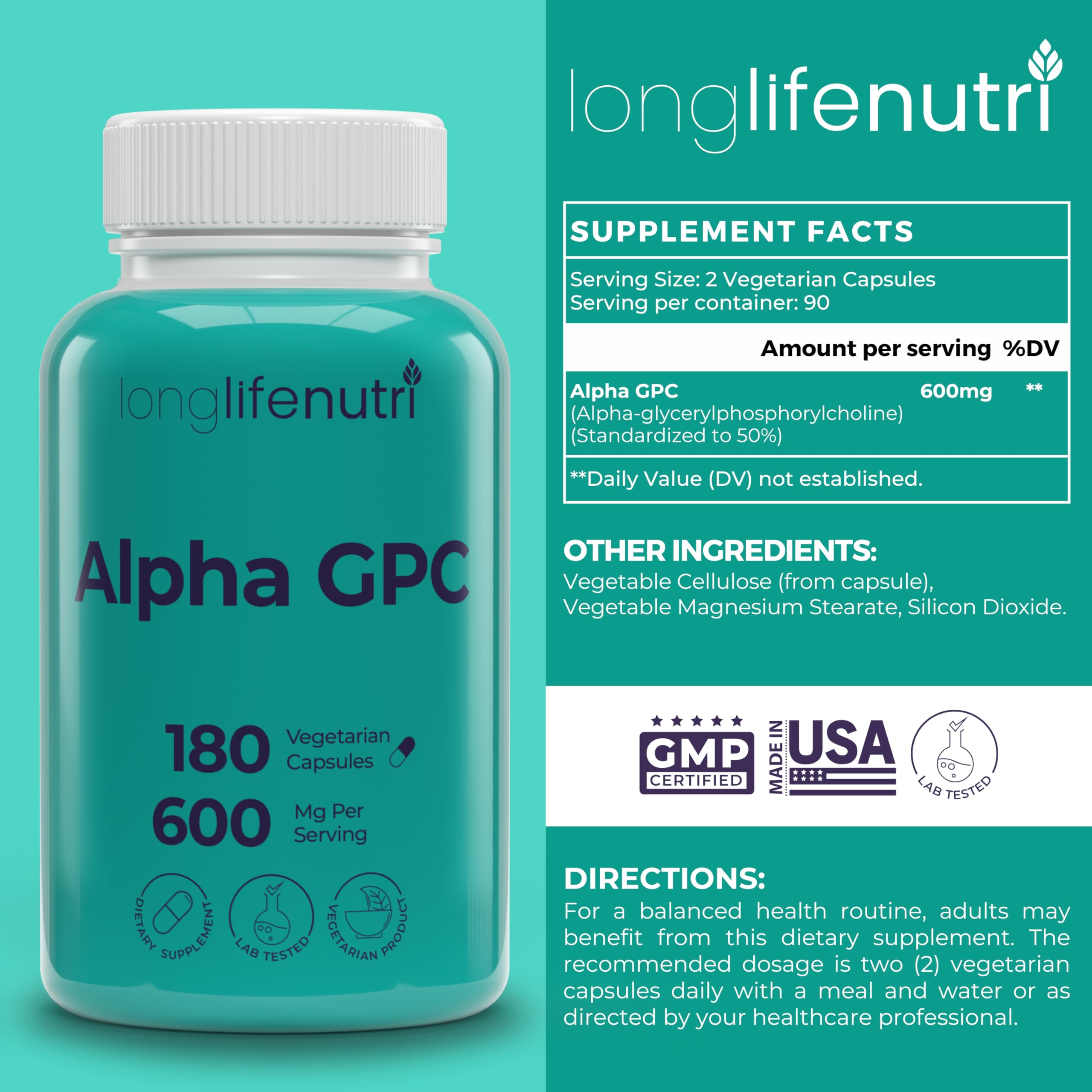 LongLifeNutri Alpha GPC 600mg Choline Supplement capsule close-up