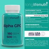 LongLifeNutri Alpha GPC 600mg Choline Supplement capsule close-up