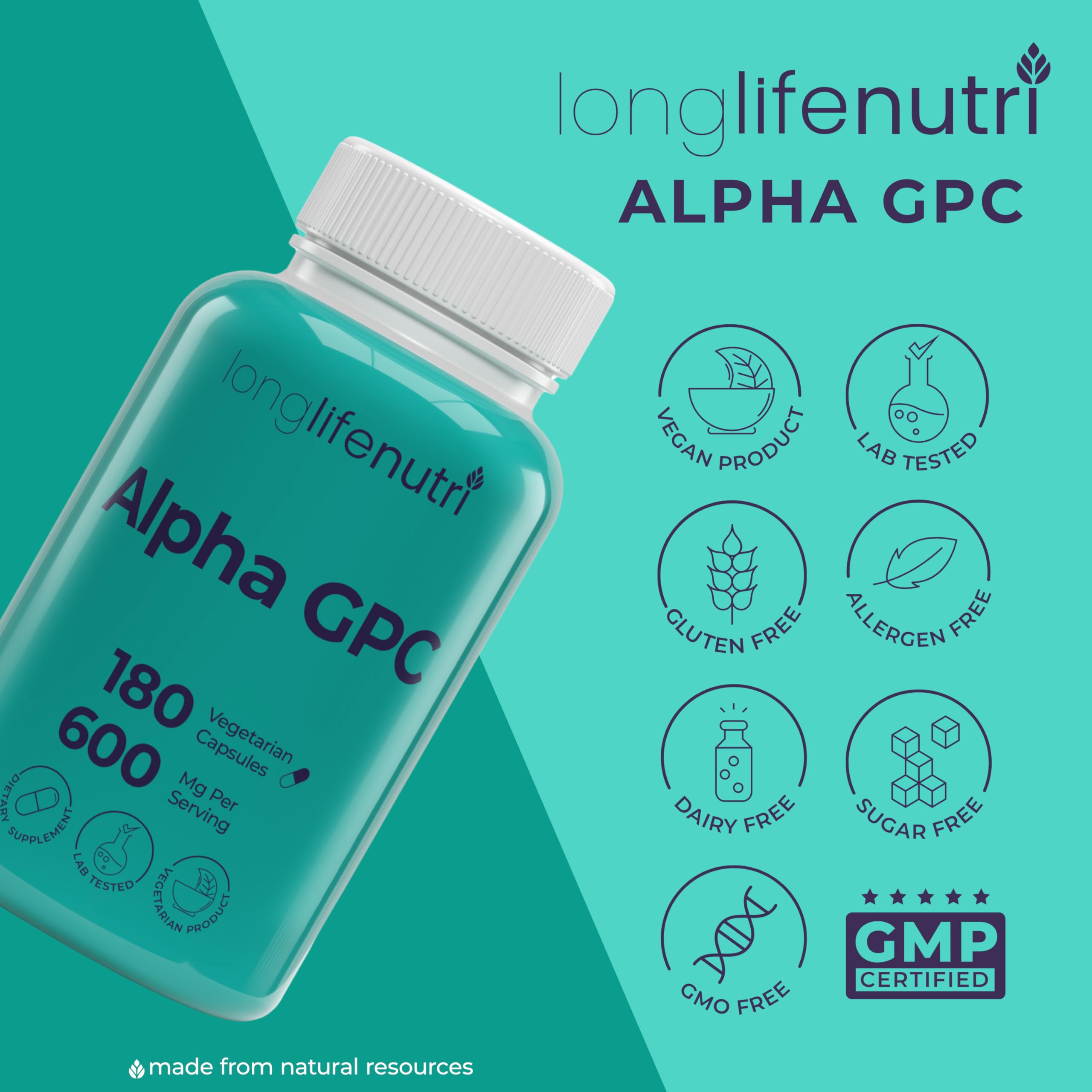 LongLifeNutri Alpha GPC 600mg Choline Supplement capsule in hand