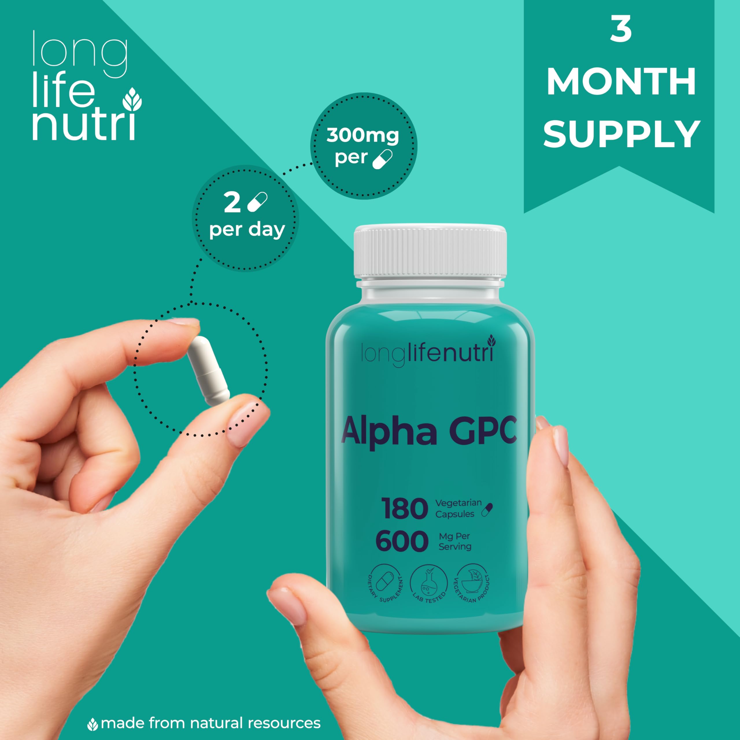 LongLifeNutri Alpha GPC 600mg Choline Supplement ingredients list