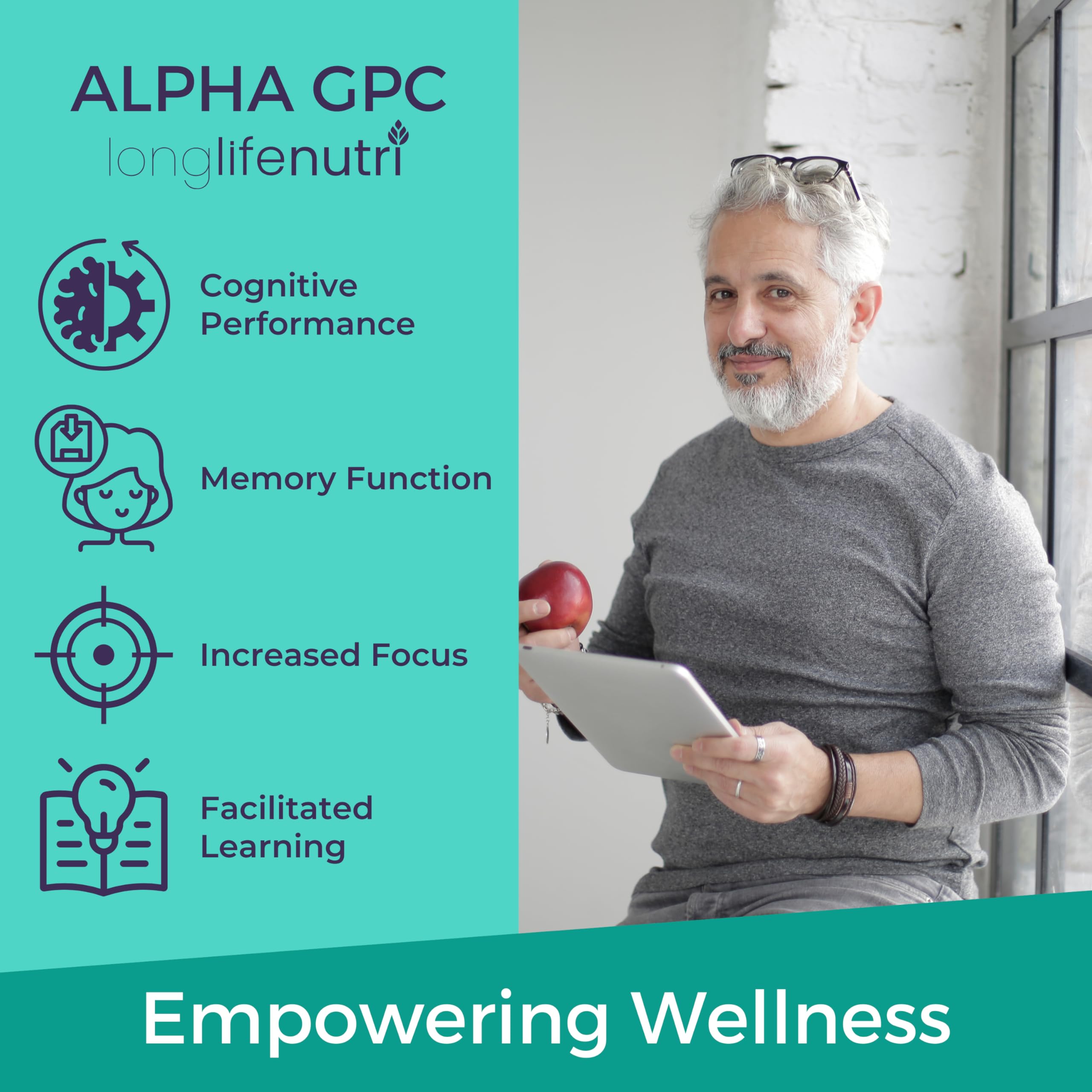 LongLifeNutri Alpha GPC 600mg Choline Supplement with premium pill organizer