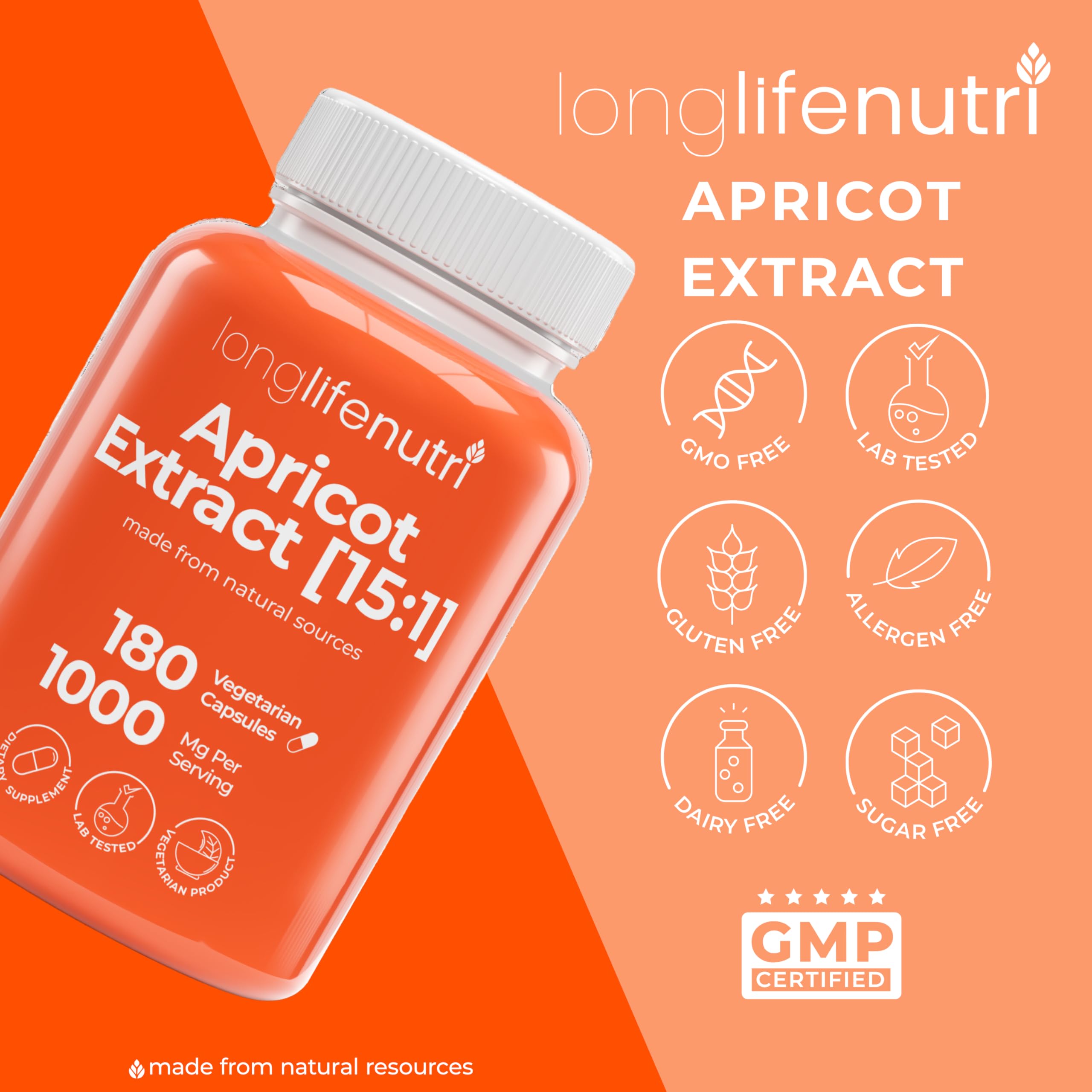 LongLifeNutri Apricot Extract 1000mg bottle with natural background