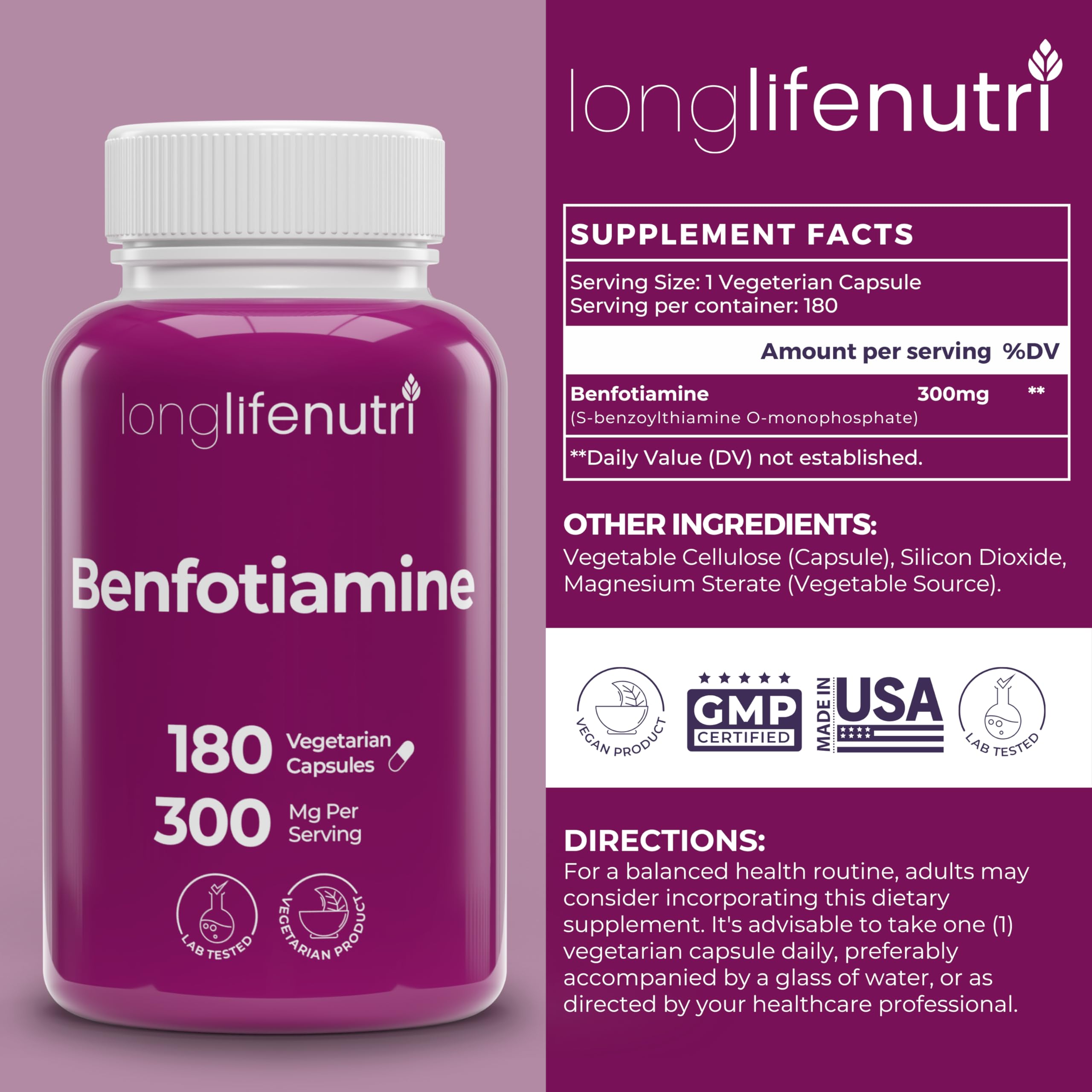 LongLifeNutri Benfotiamine bottle side view