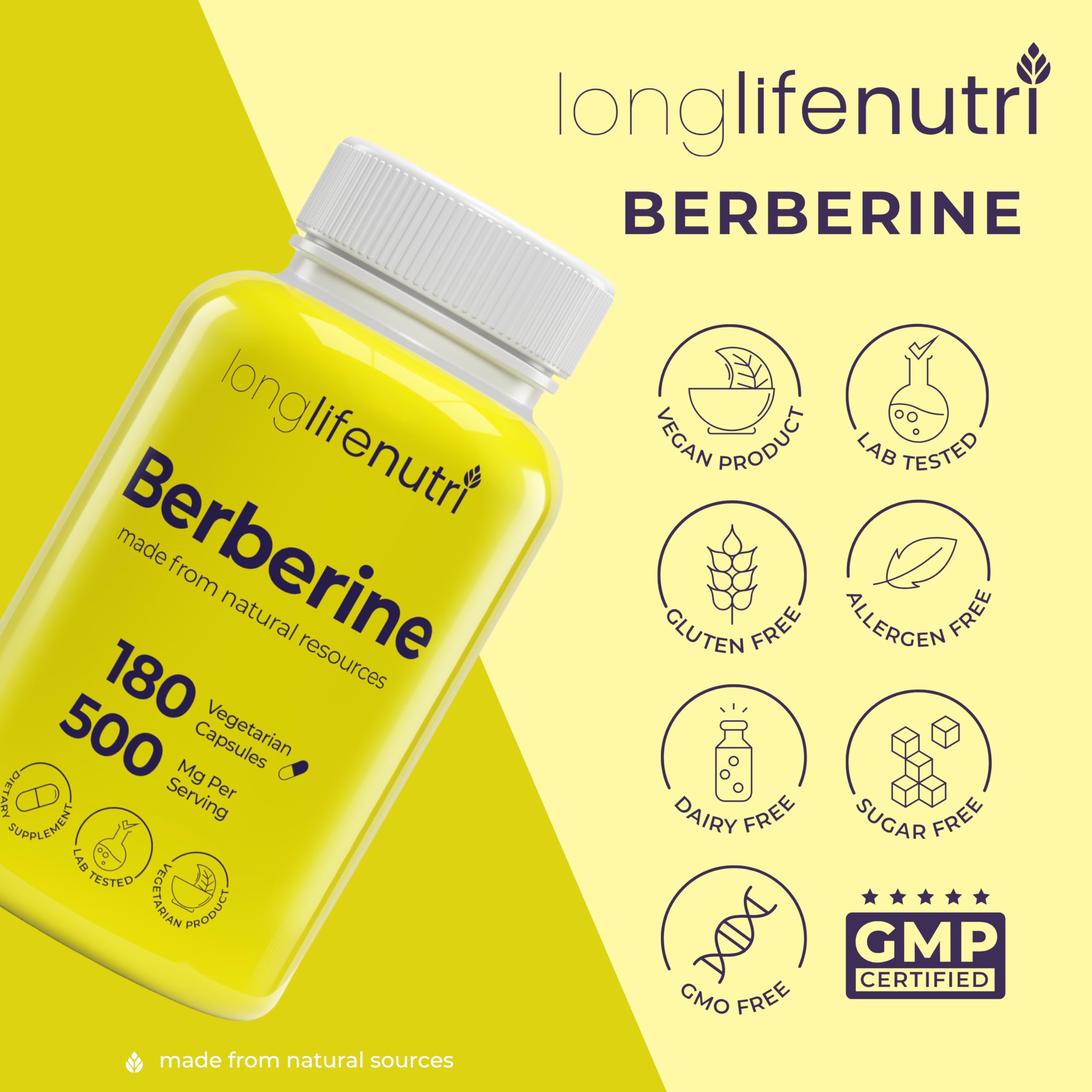 LongLifeNutri Berberine HCL 500mg Capsules with a measuring spoon