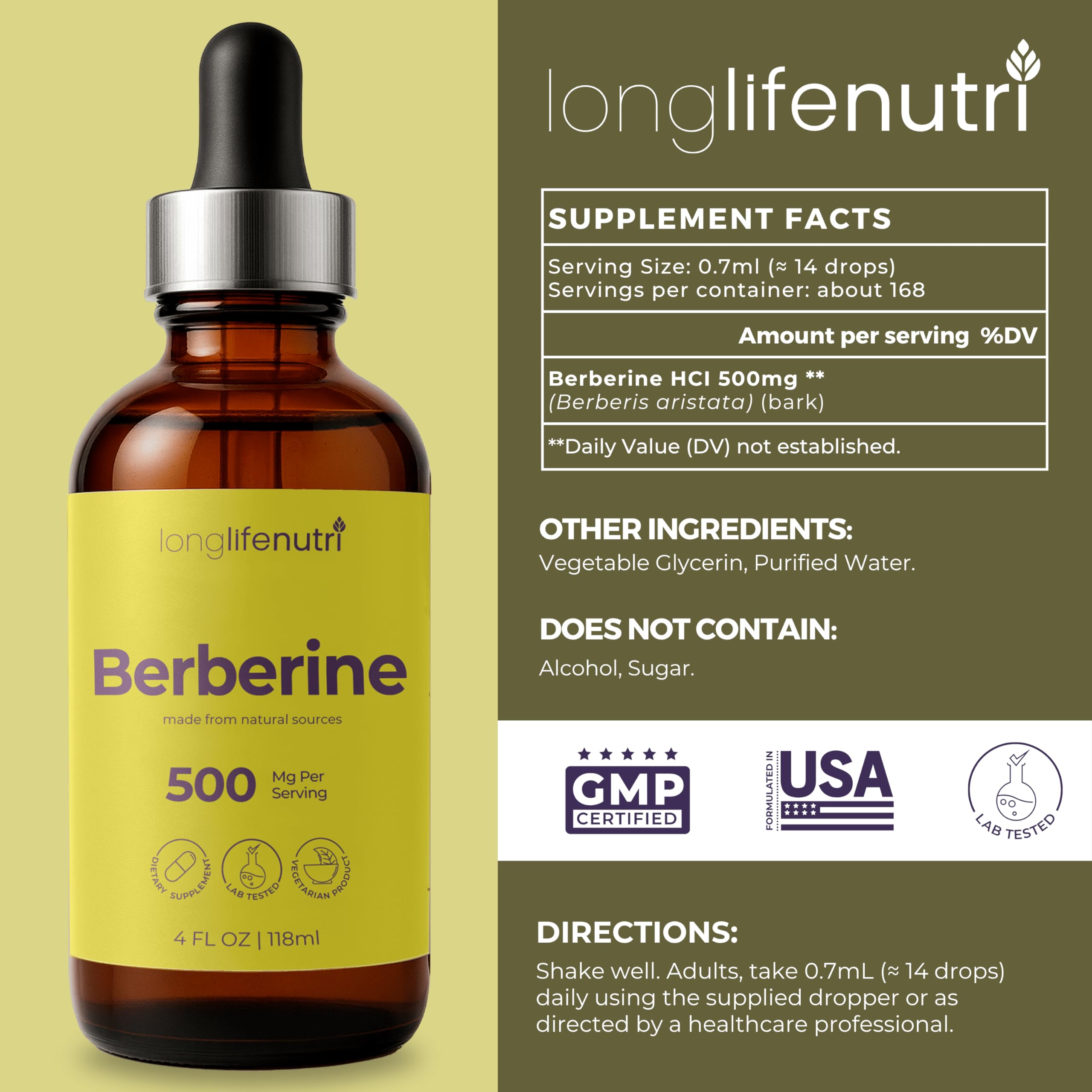 LongLifeNutri Berberine Liquid bottle with dropper