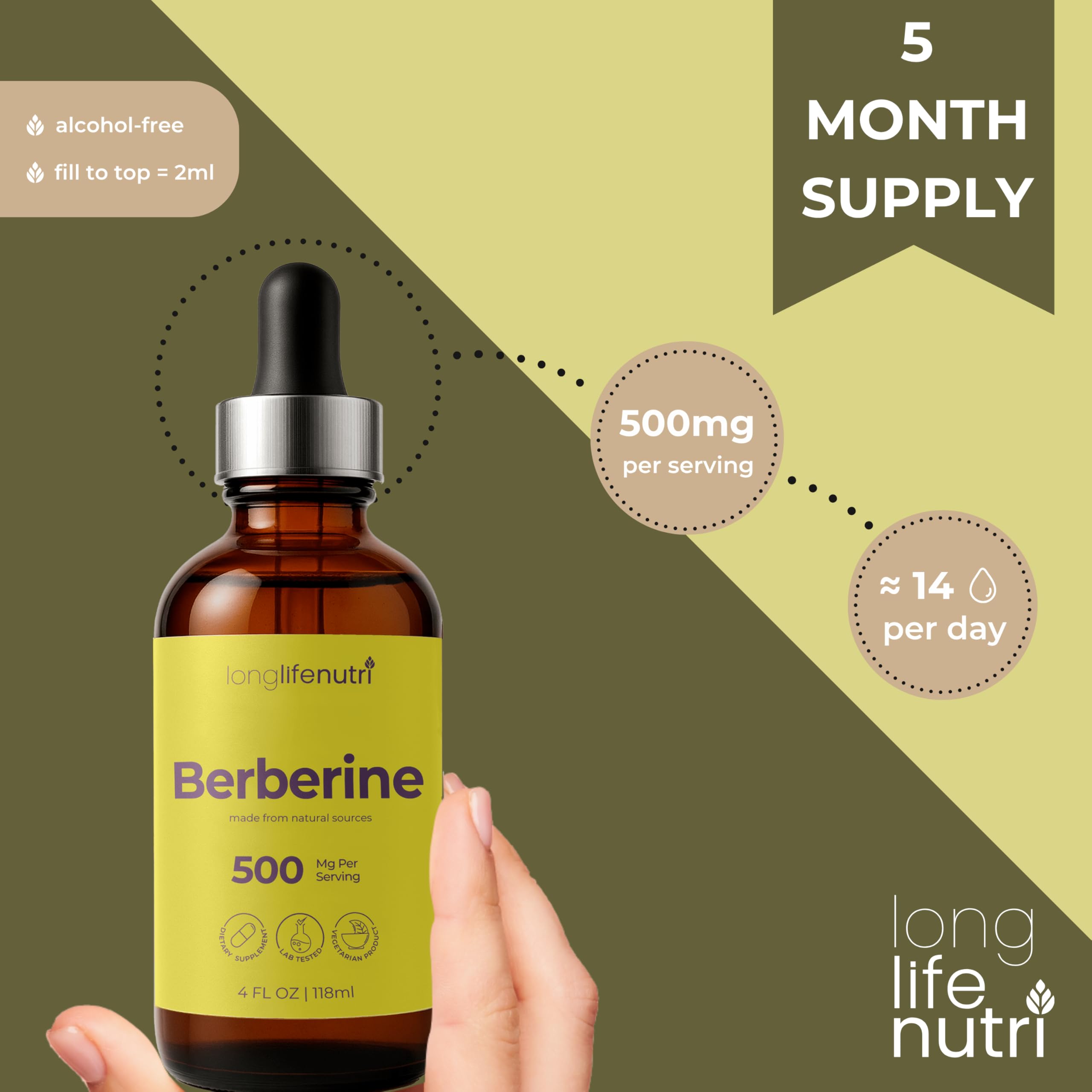 LongLifeNutri Berberine Liquid with measuring spoon