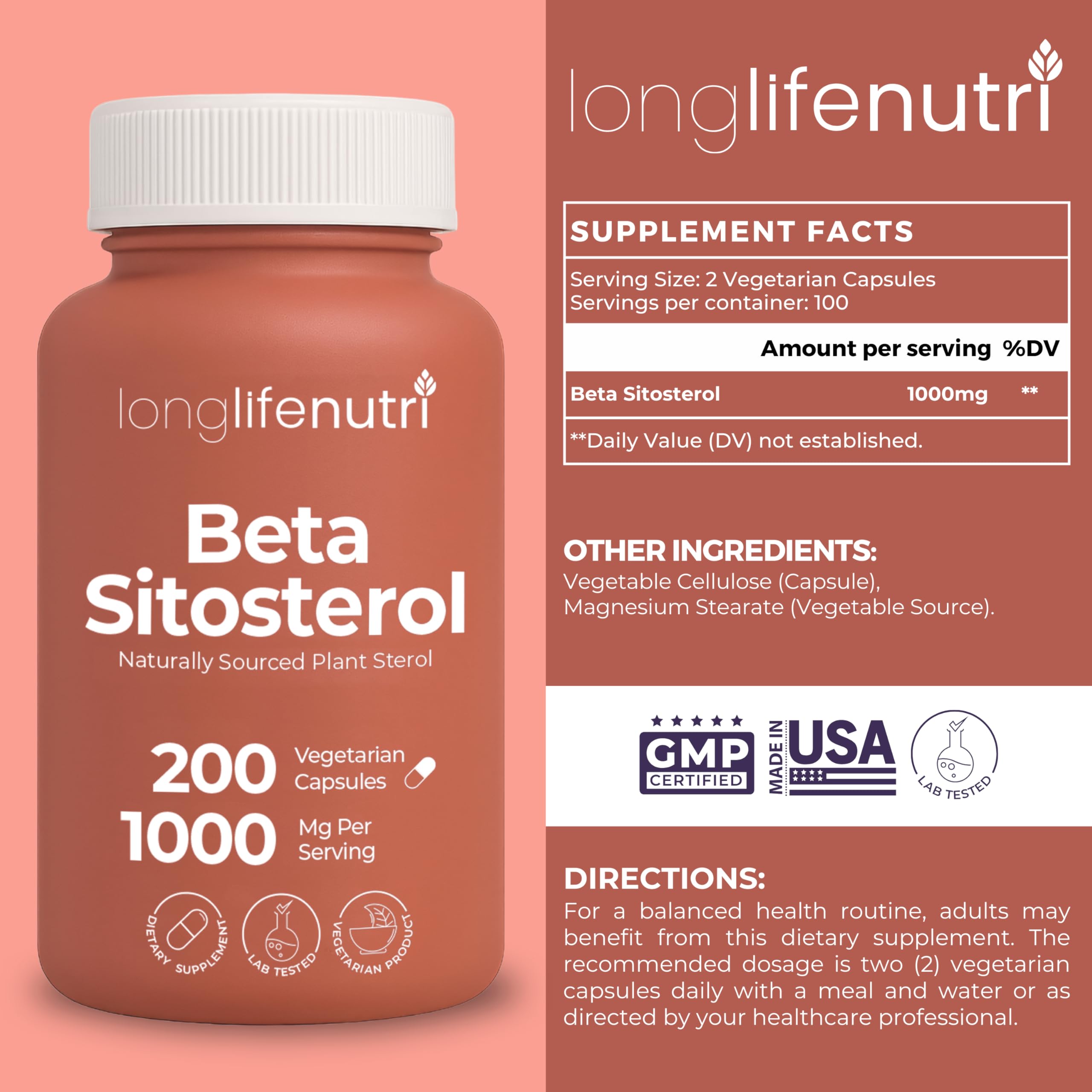 LongLifeNutri Beta Sitosterol 200 capsules side view