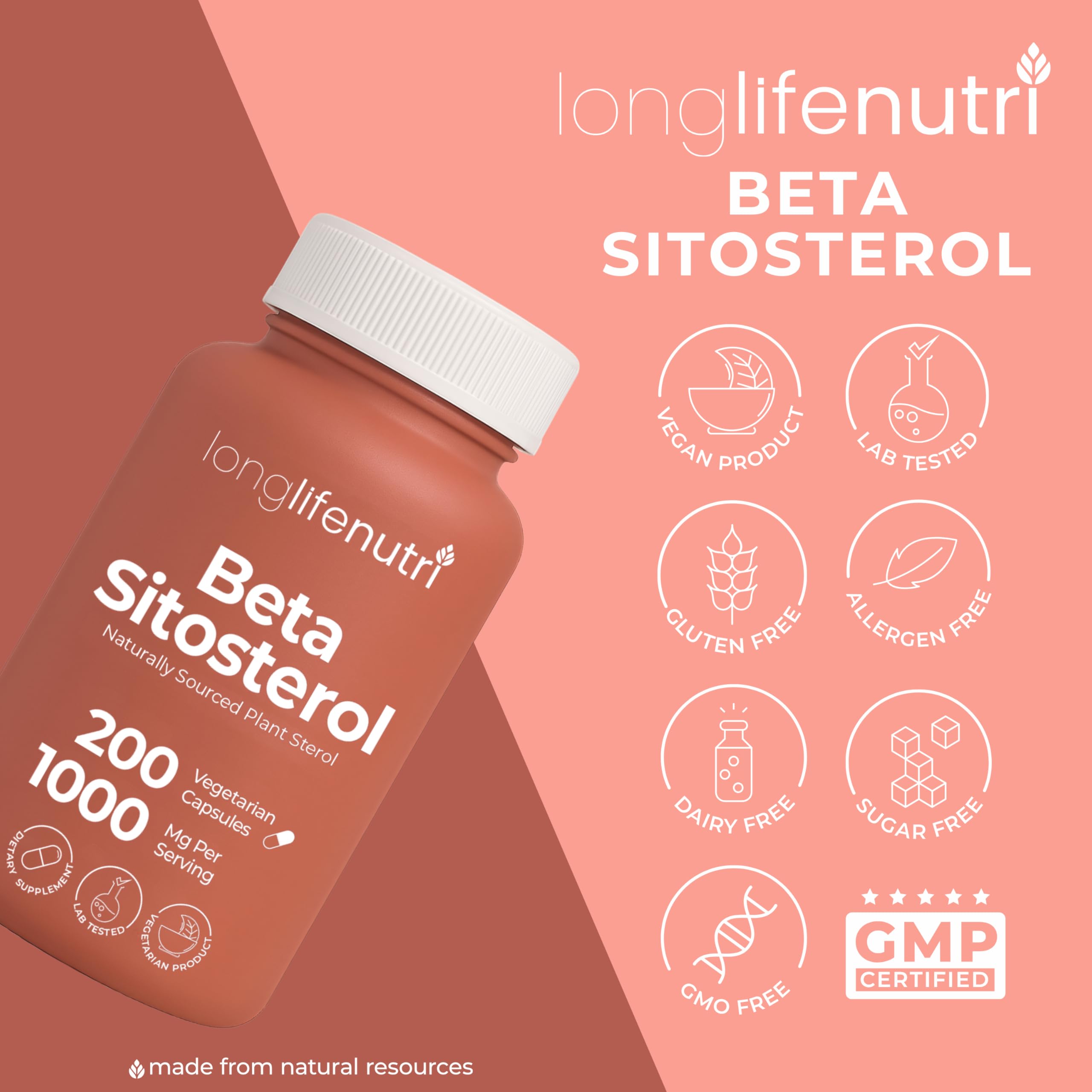 LongLifeNutri Beta Sitosterol capsules with fresh vegetables