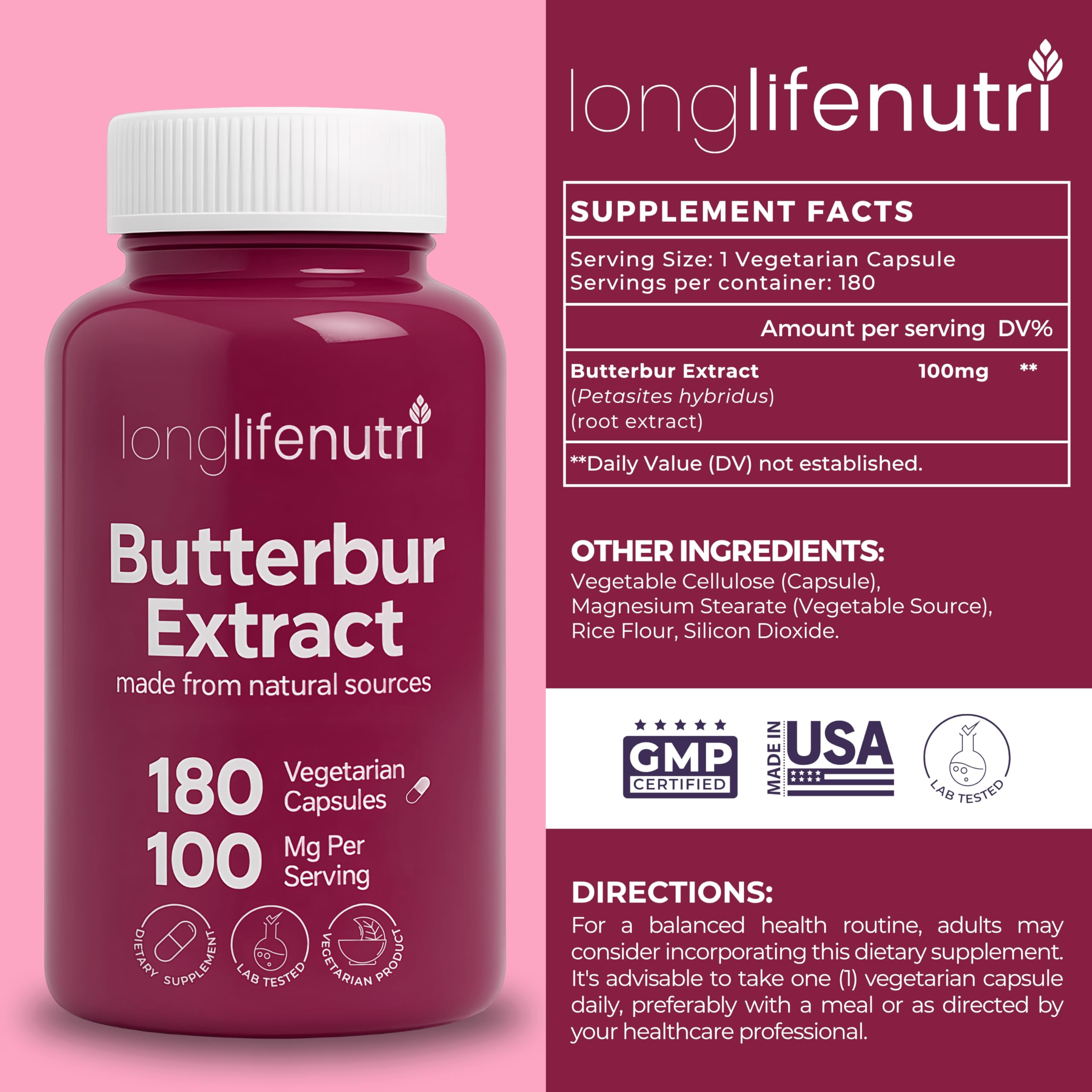 LongLifeNutri Butterbur Extract bottle with label