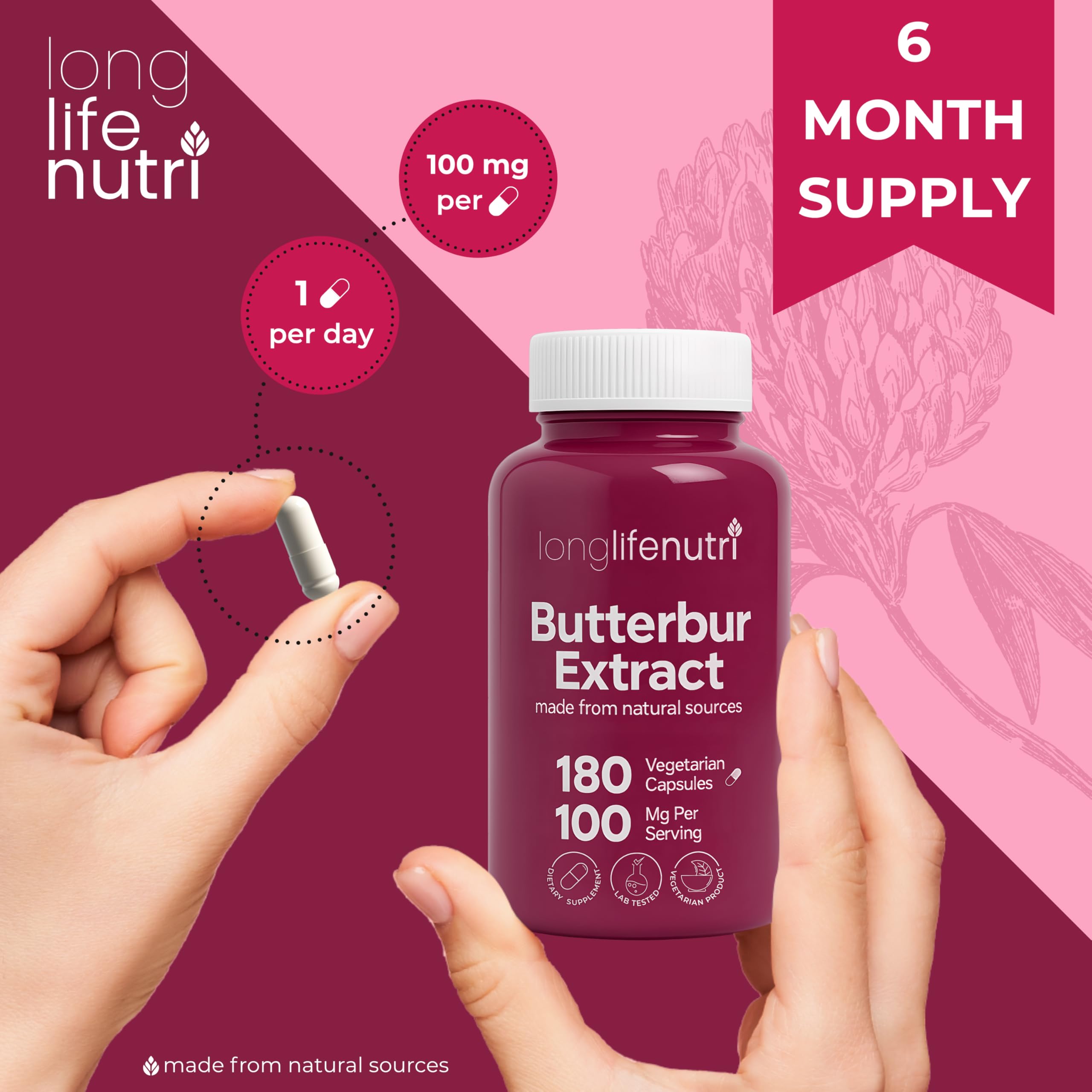 LongLifeNutri Butterbur Extract capsules with a pill organizer
