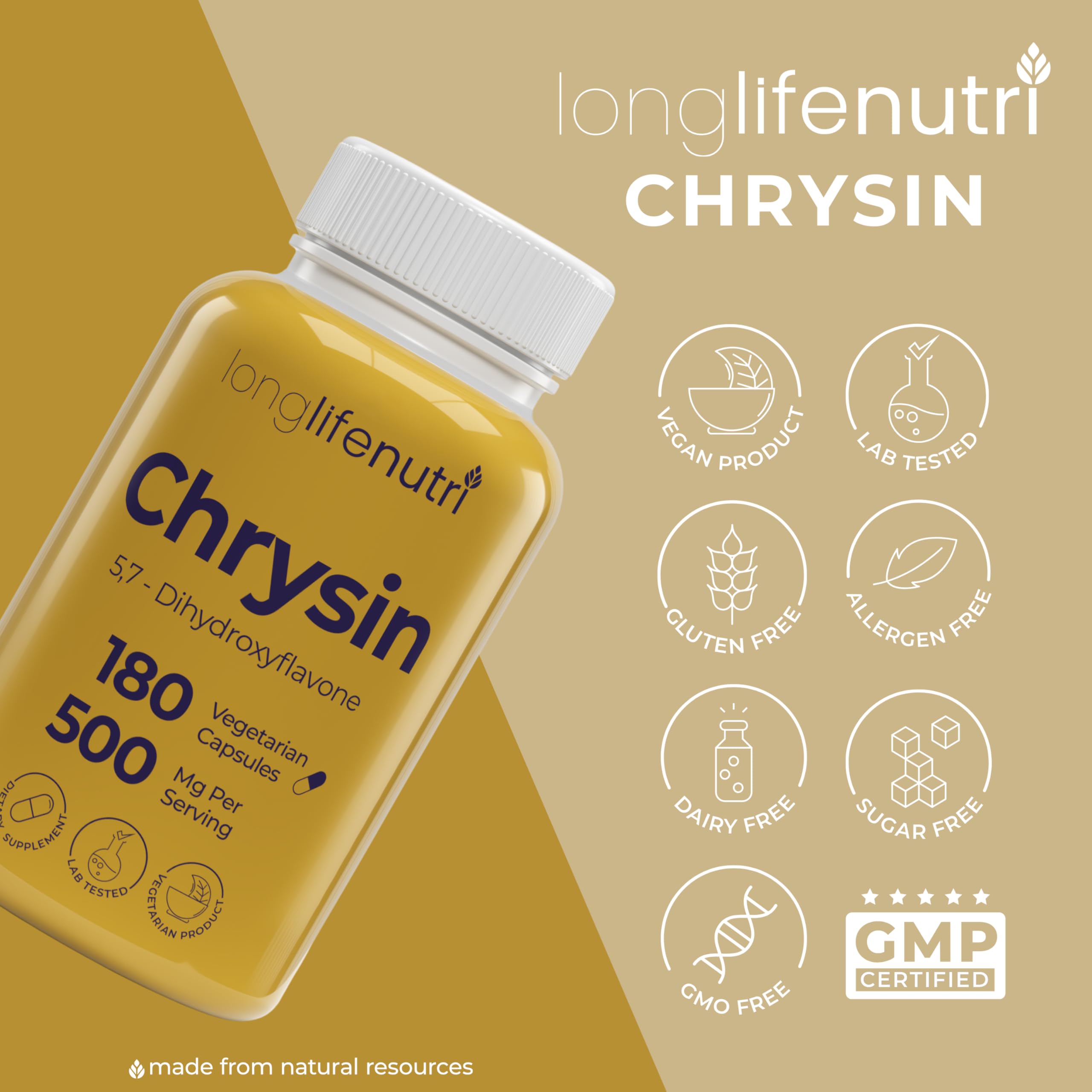 LongLifeNutri Chrysin 500mg capsules on a wooden table