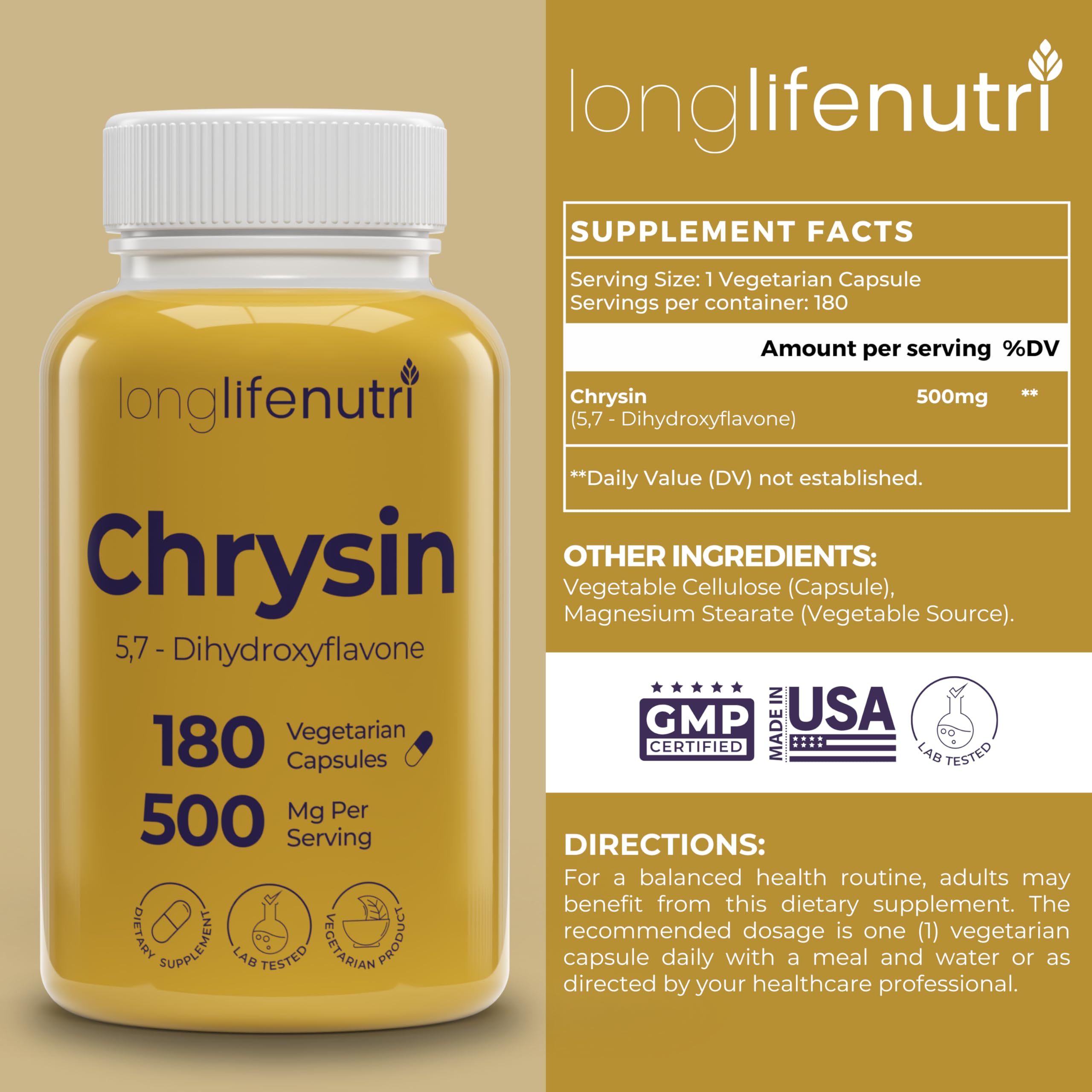 LongLifeNutri Chrysin 500mg capsules side view