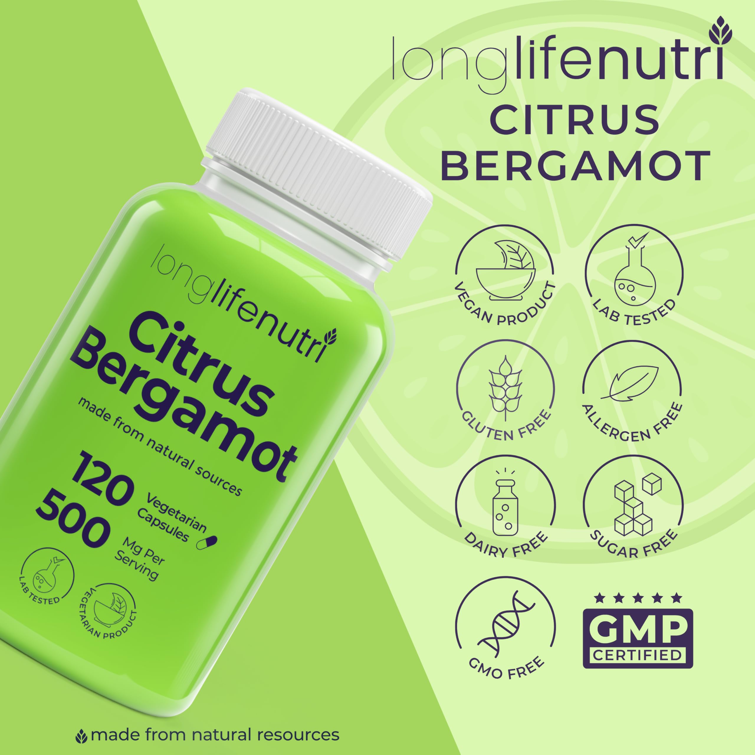 LongLifeNutri Citrus Bergamot 500mg Capsules back view