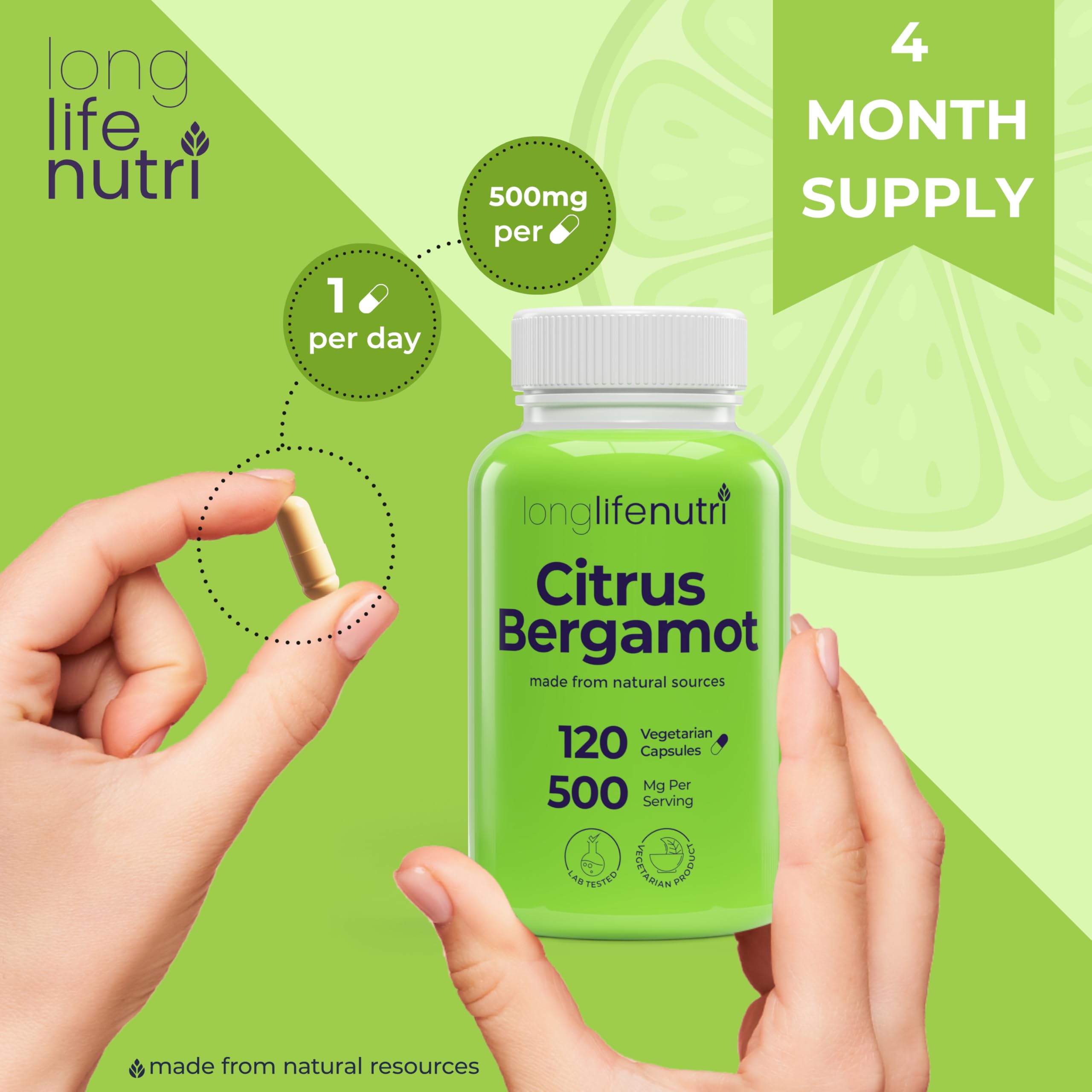 LongLifeNutri Citrus Bergamot 500mg Capsules on a wooden table