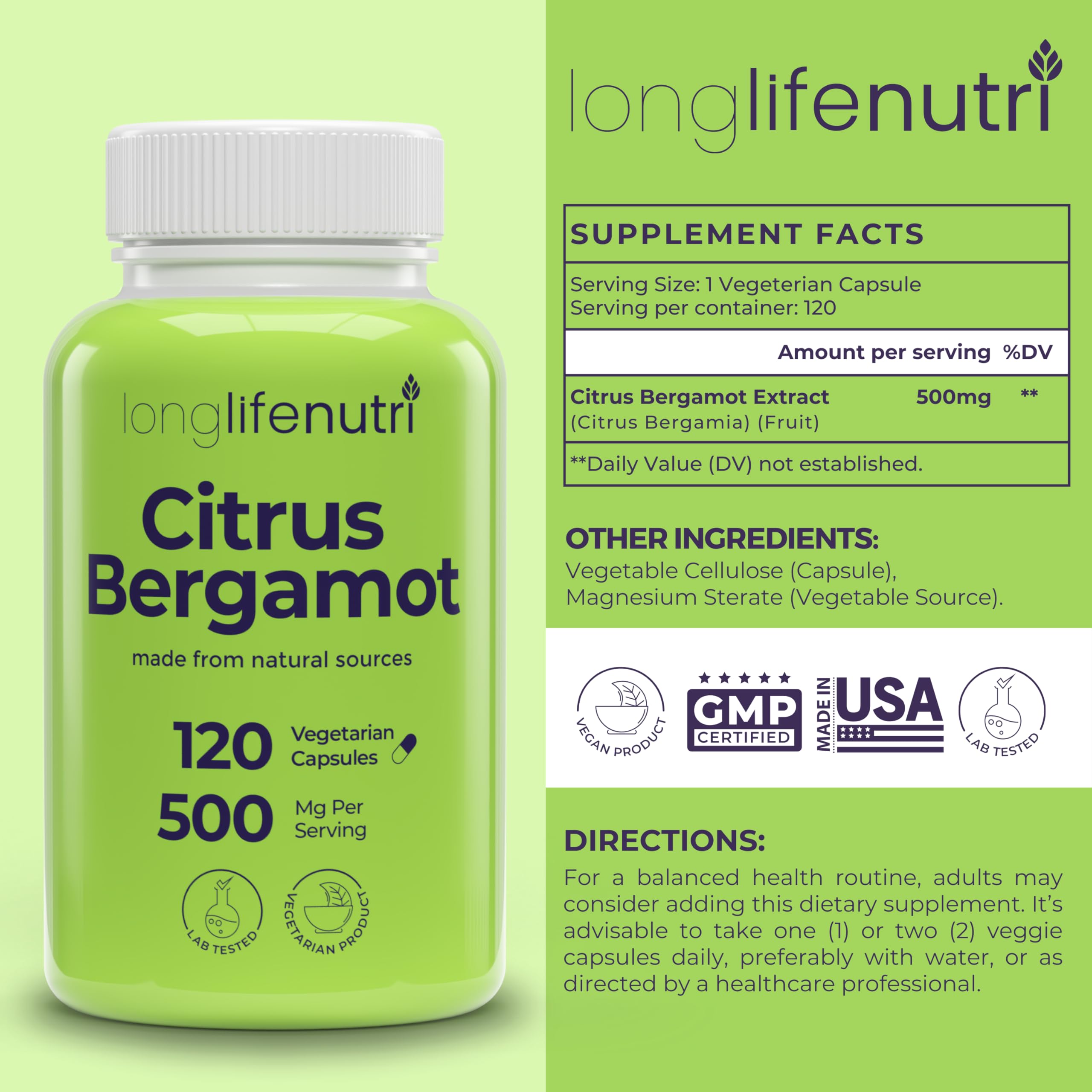 LongLifeNutri Citrus Bergamot 500mg Capsules side view
