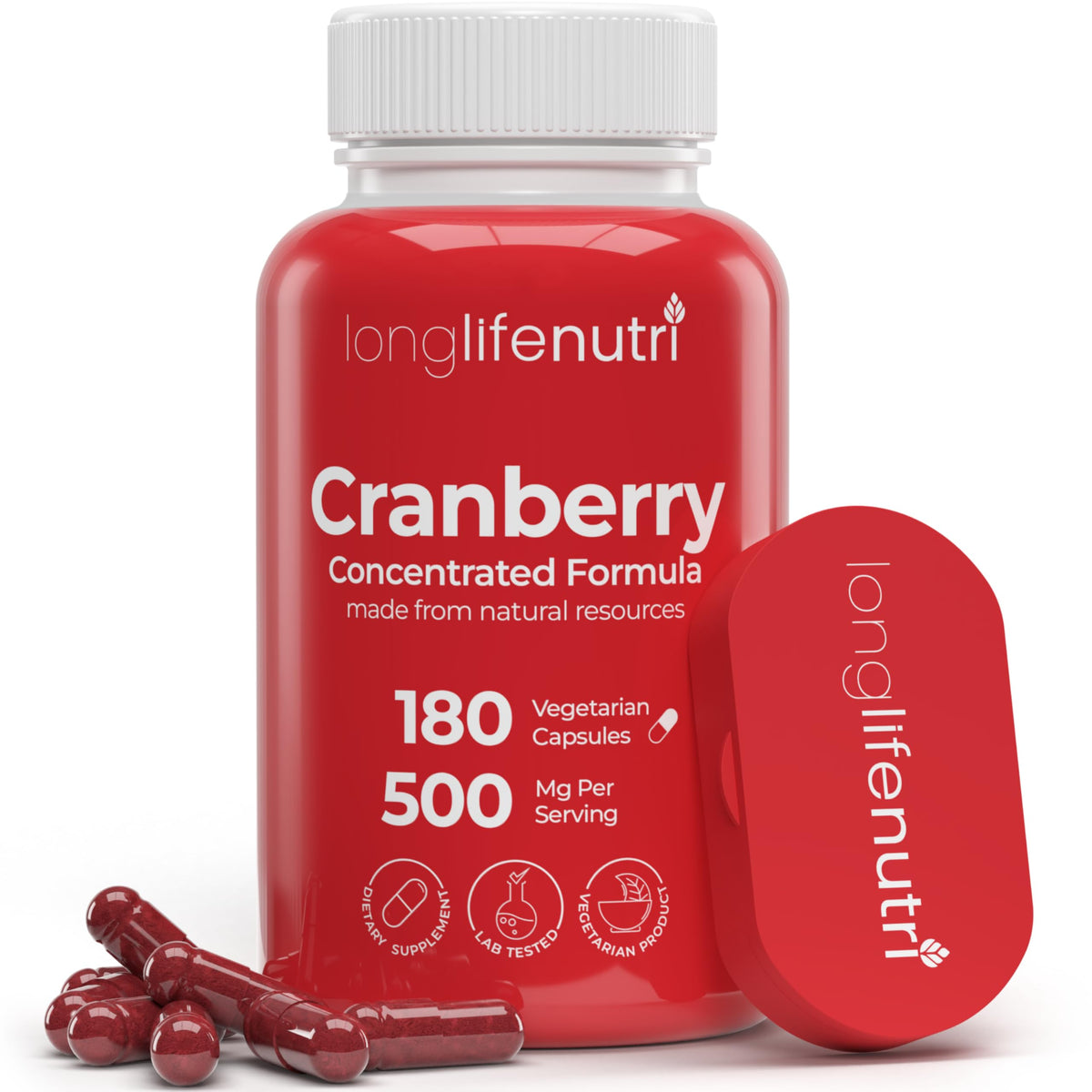 LongLifeNutri Cranberry Supplement 500mg 180 Capsules front view