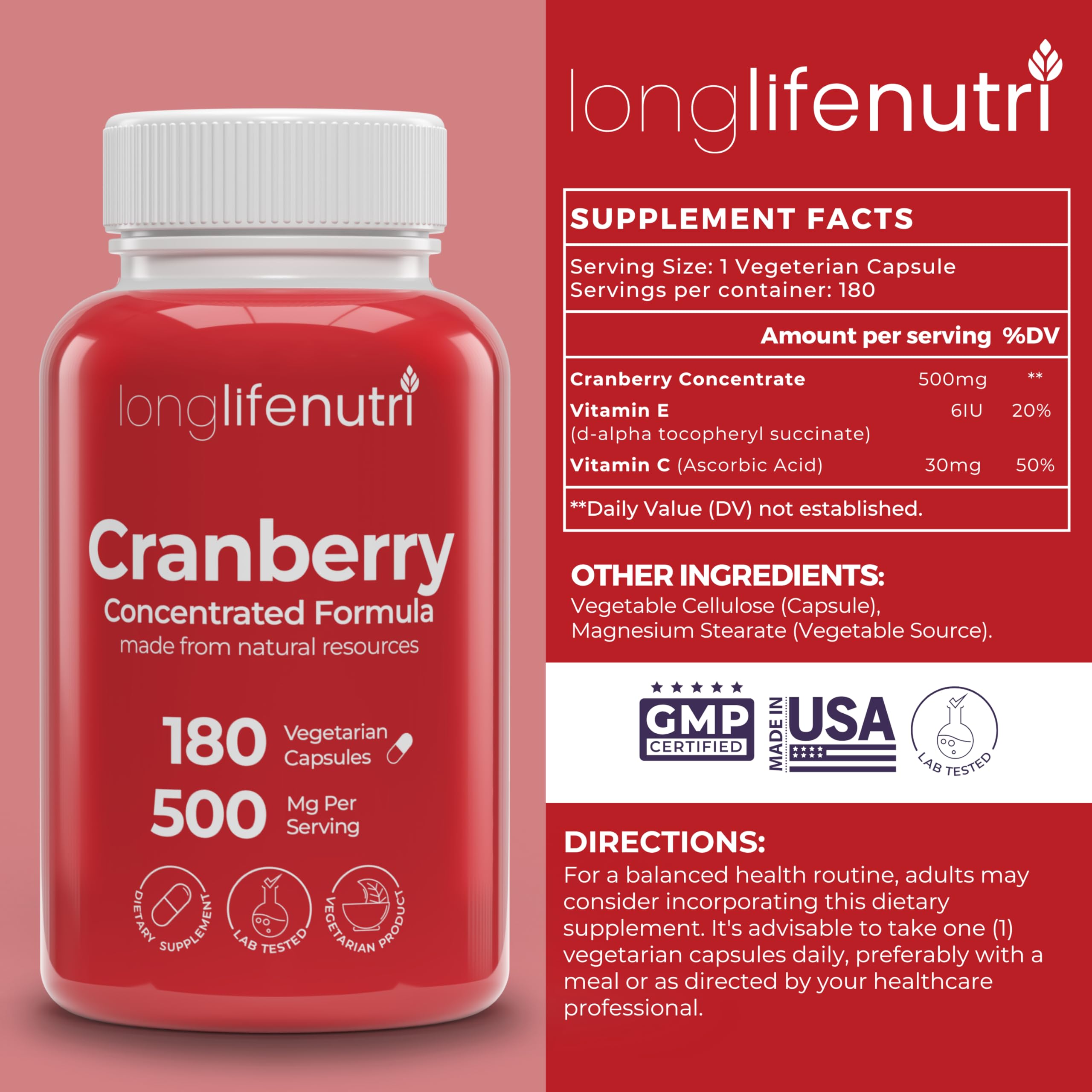 LongLifeNutri Cranberry Supplement 500mg 180 Capsules side view