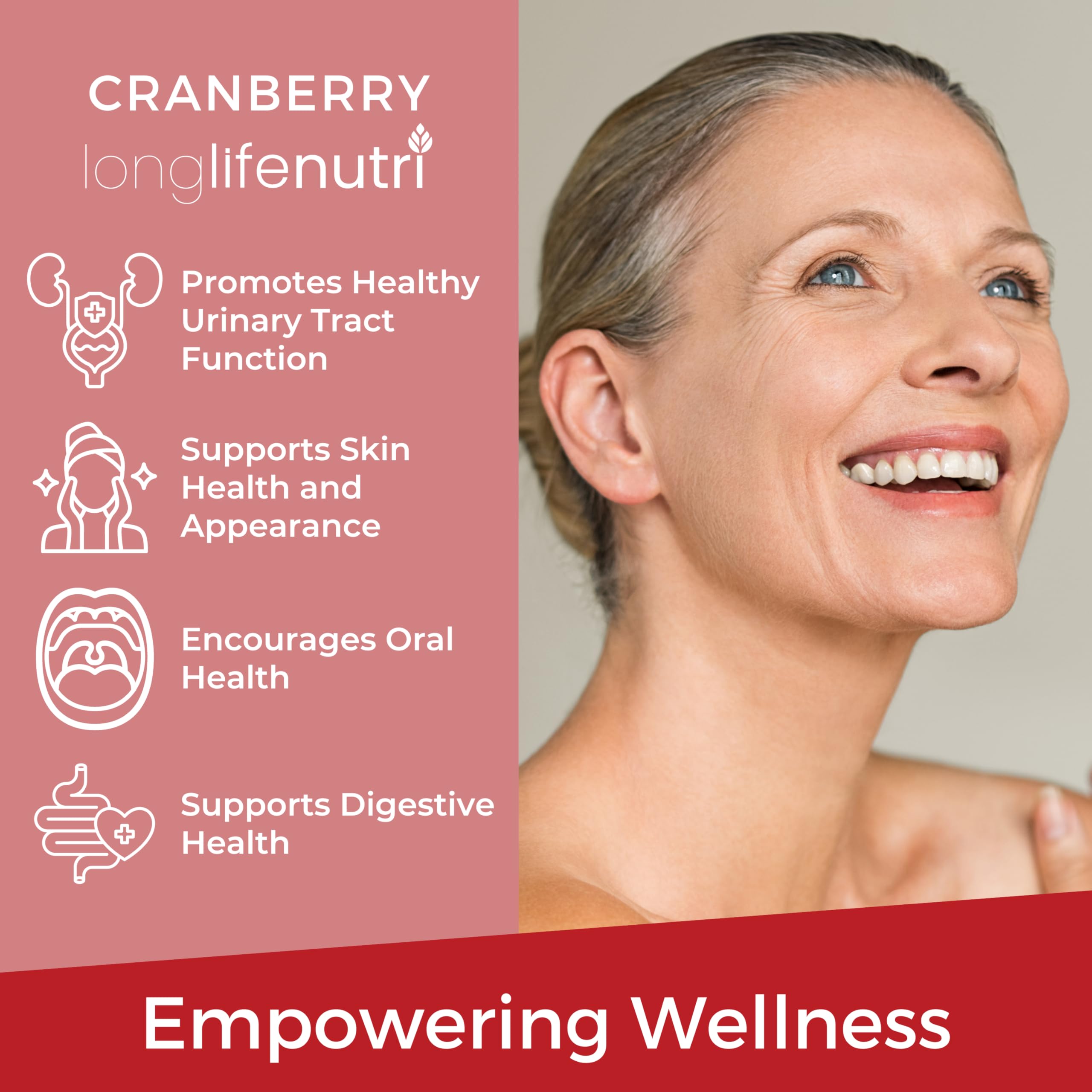 LongLifeNutri Cranberry Supplement capsules on a wooden surface