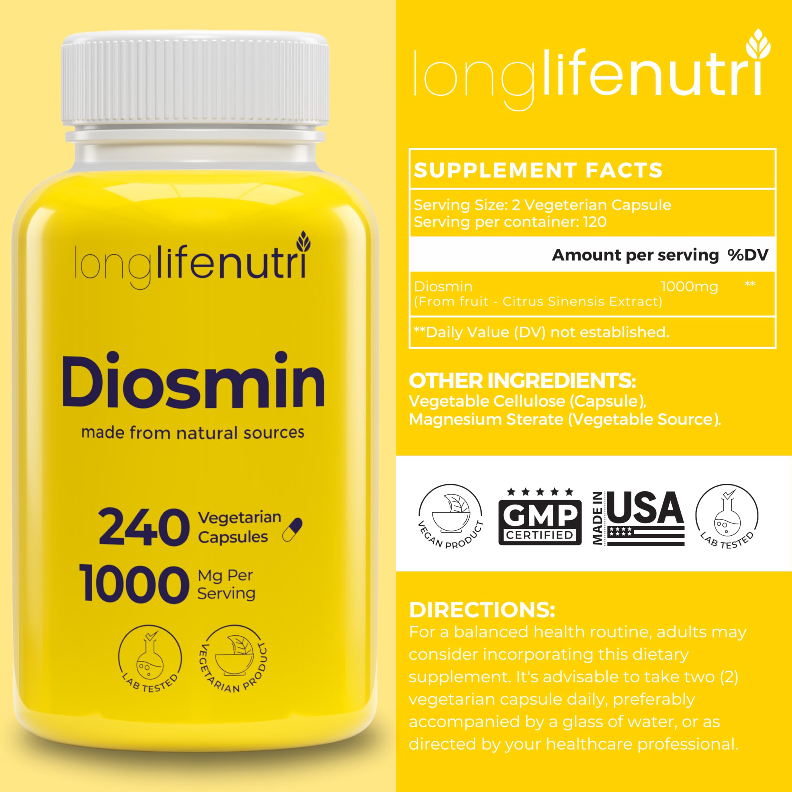 LongLifeNutri Diosmin Supplement 240 capsules bottle