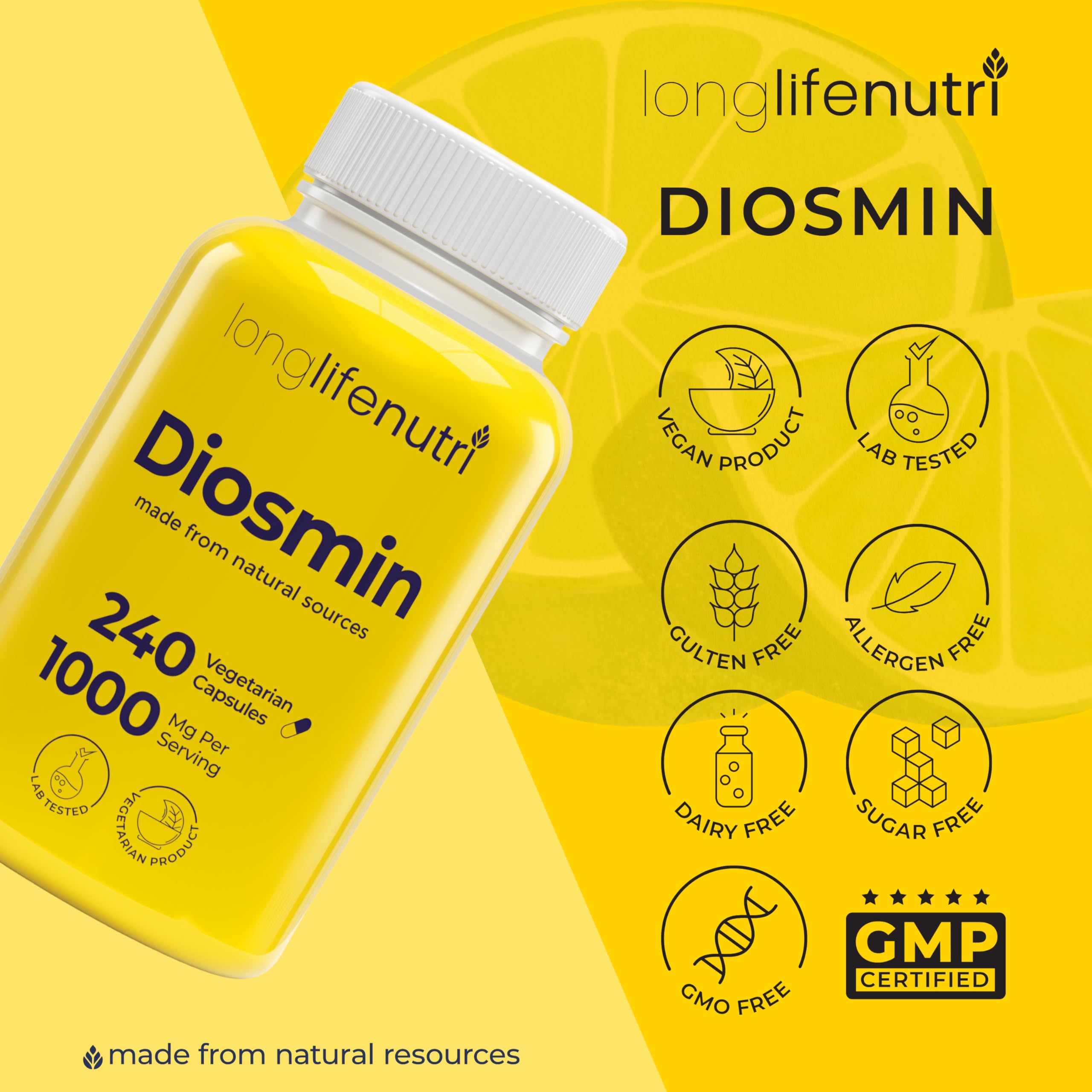 LongLifeNutri Diosmin Supplement bottle with capsules