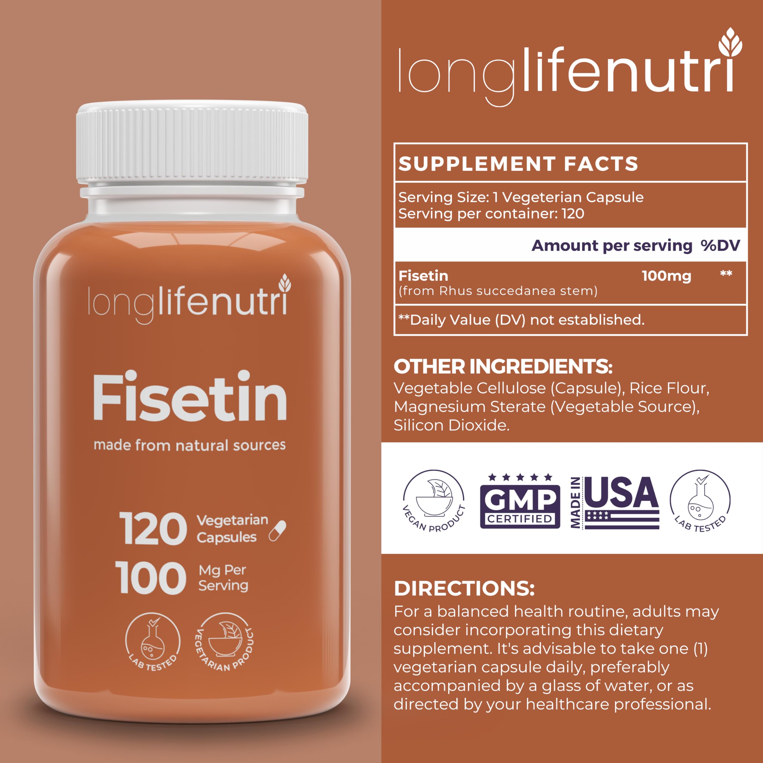 LongLifeNutri Fisetin Capsules bottle with label