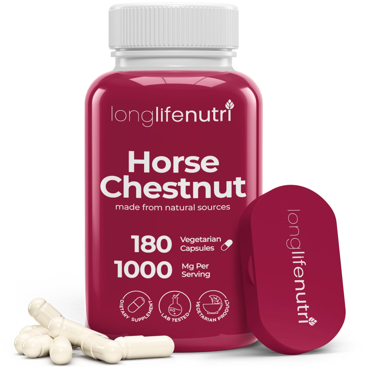 LongLifeNutri Horse Chestnut 500mg 180 vegetarian capsules front view