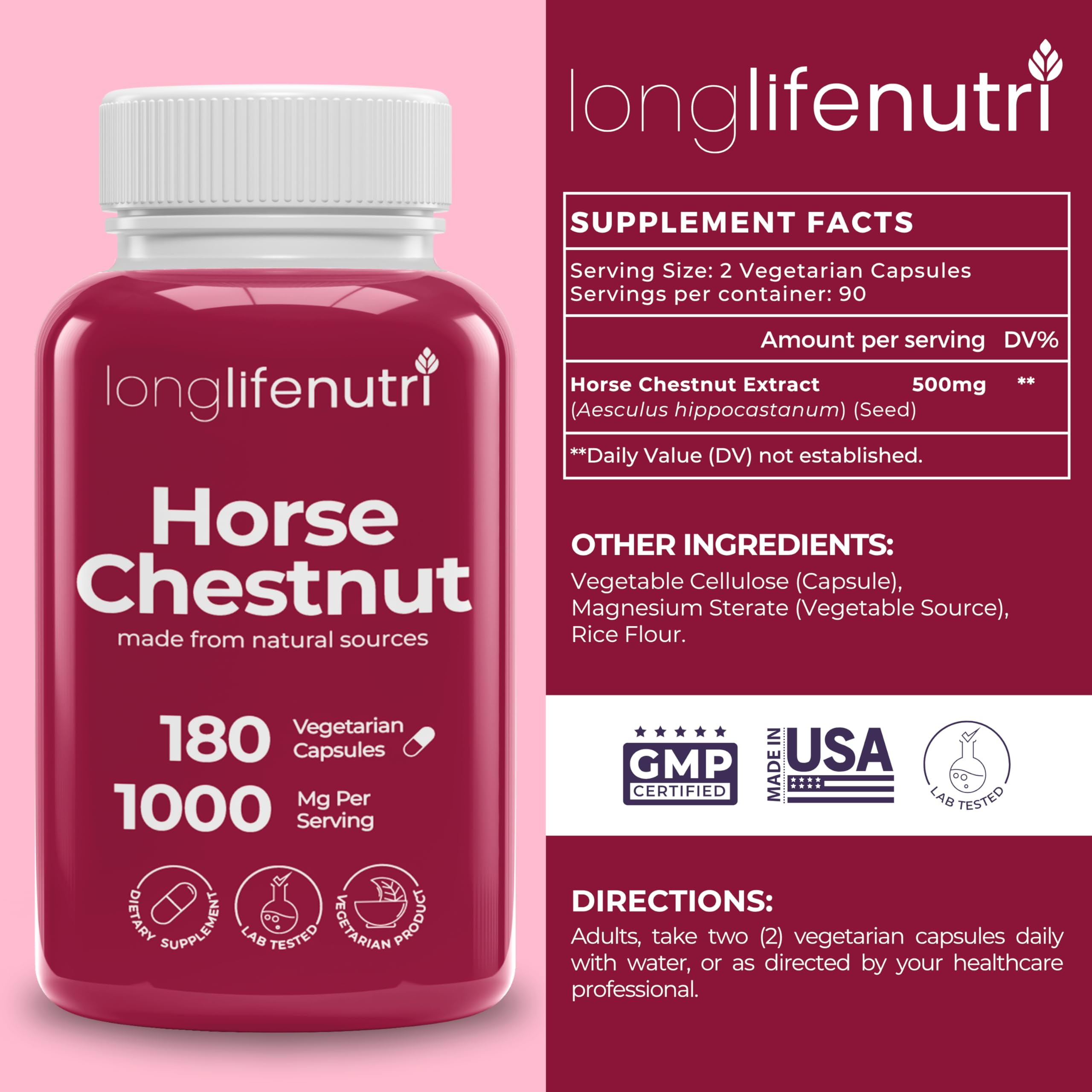 LongLifeNutri Horse Chestnut 500mg bottle side view