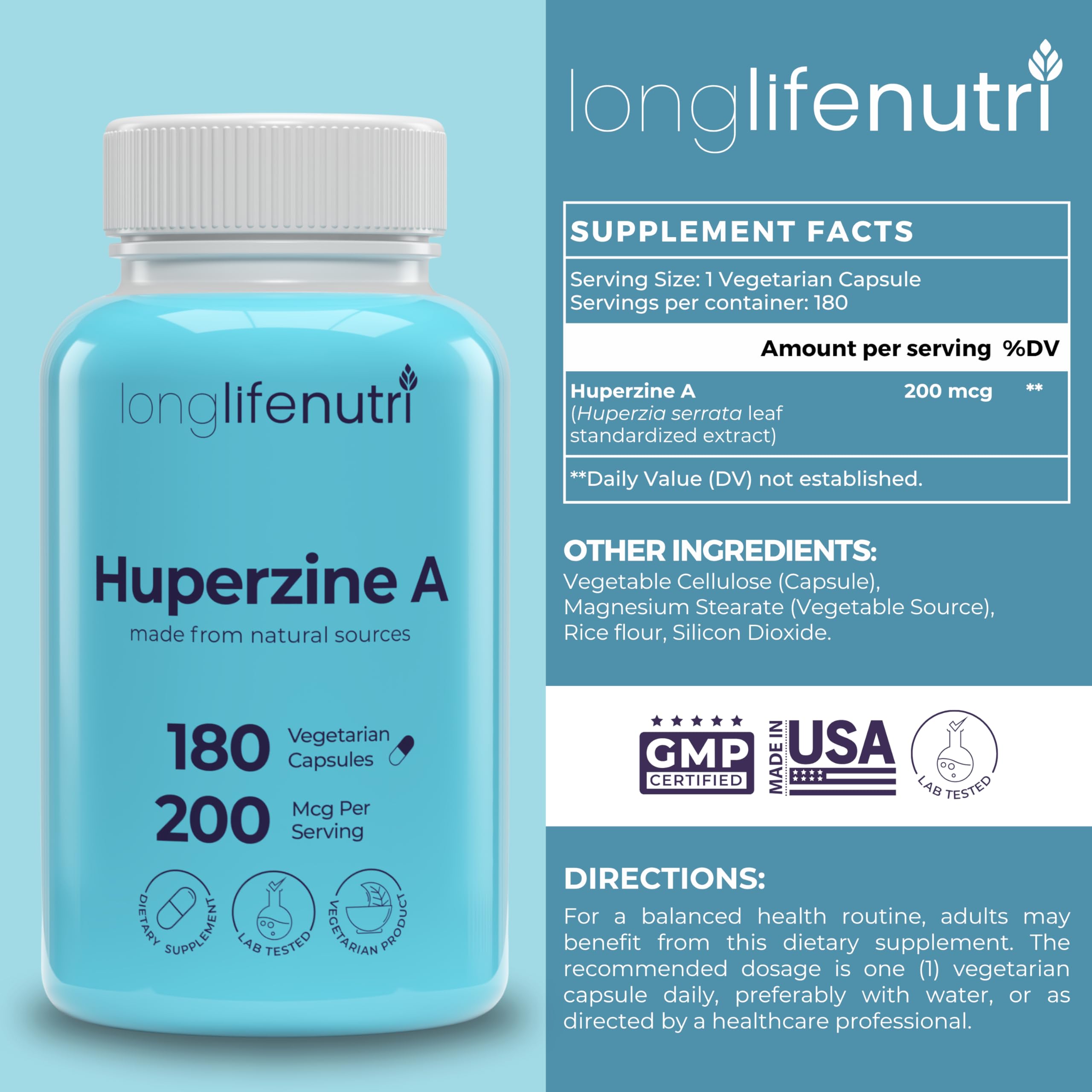 LongLifeNutri Huperzine A Nootropic Supplement bottle side view