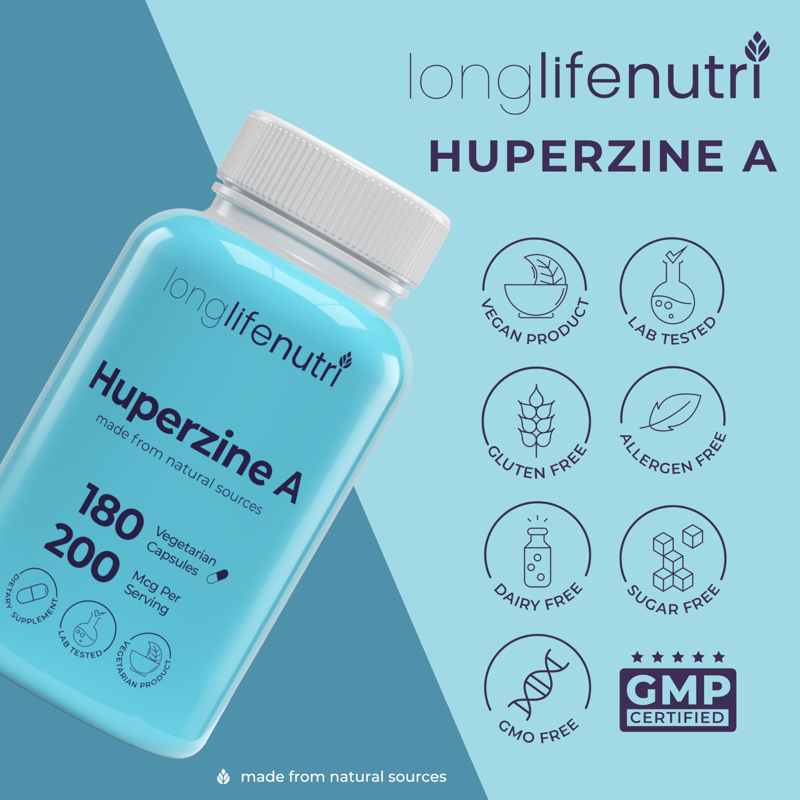 LongLifeNutri Huperzine A Nootropic Supplement on a table