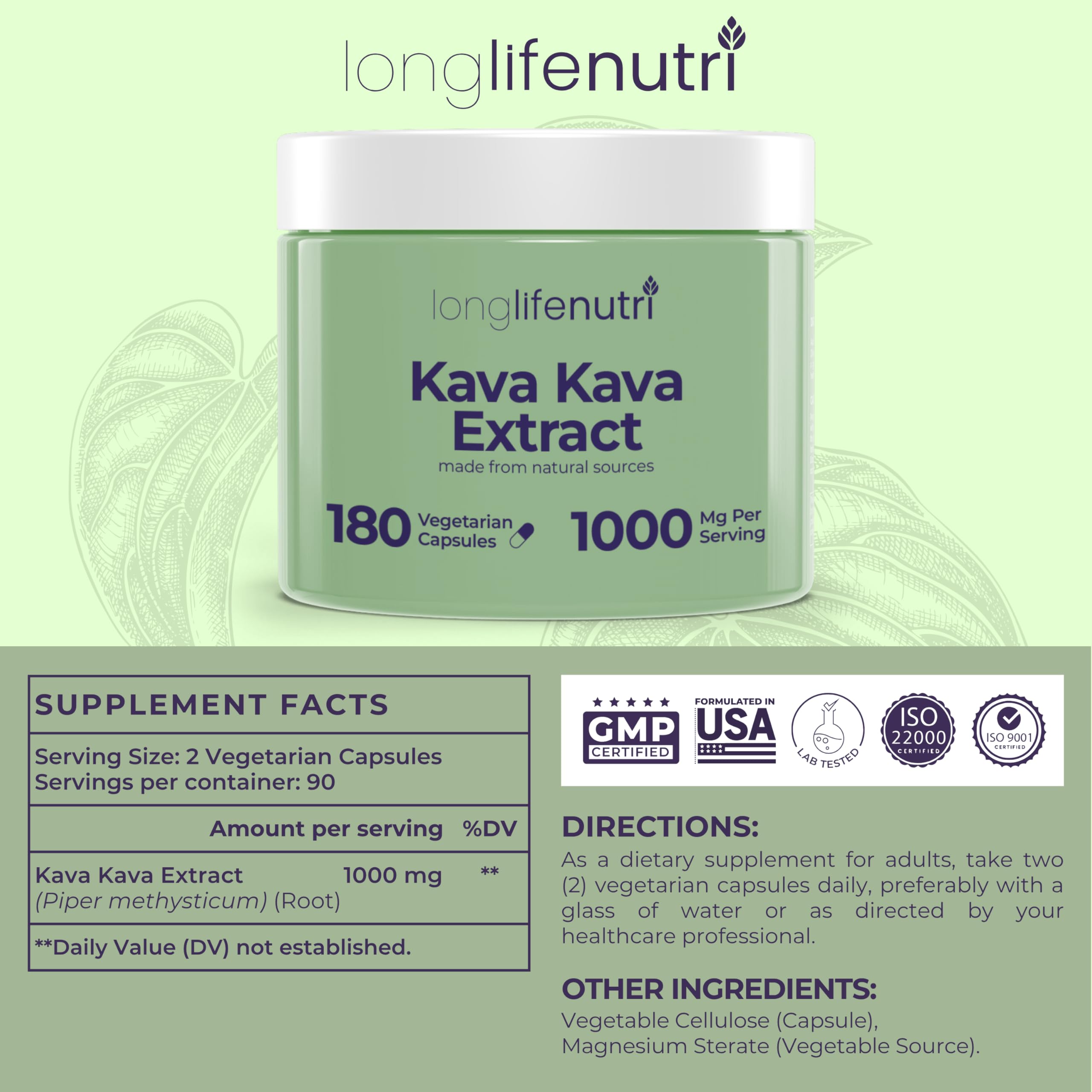LongLifeNutri Kava Kava Capsules 1000mg bottle side view