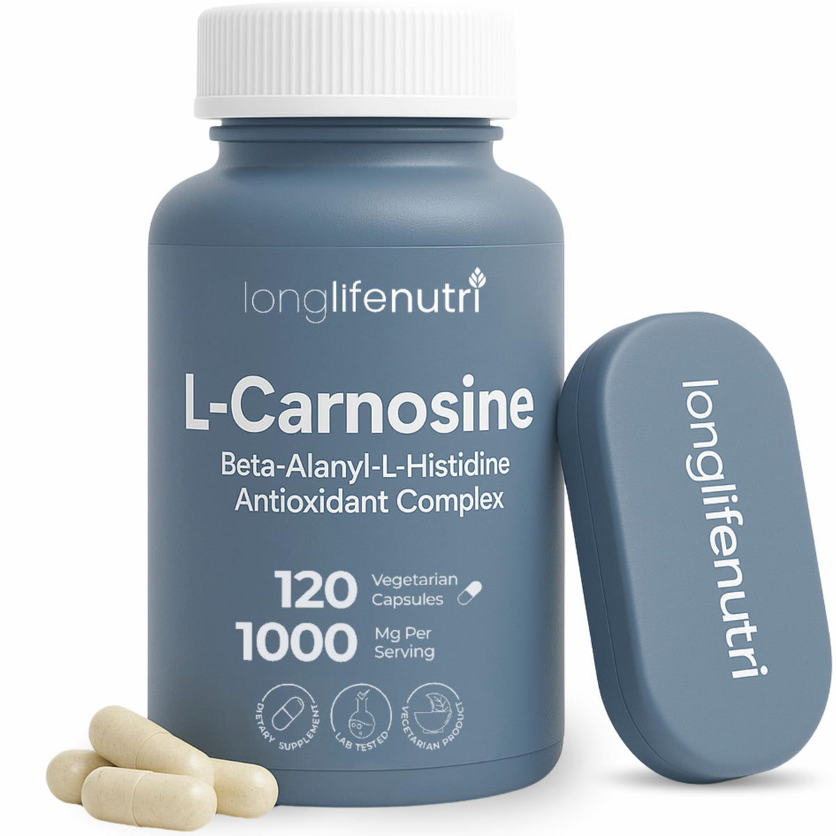 LongLifeNutri L-Carnosine 1000mg 120 vegetarian capsules front view