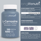 LongLifeNutri L-Carnosine 1000mg bottle side view