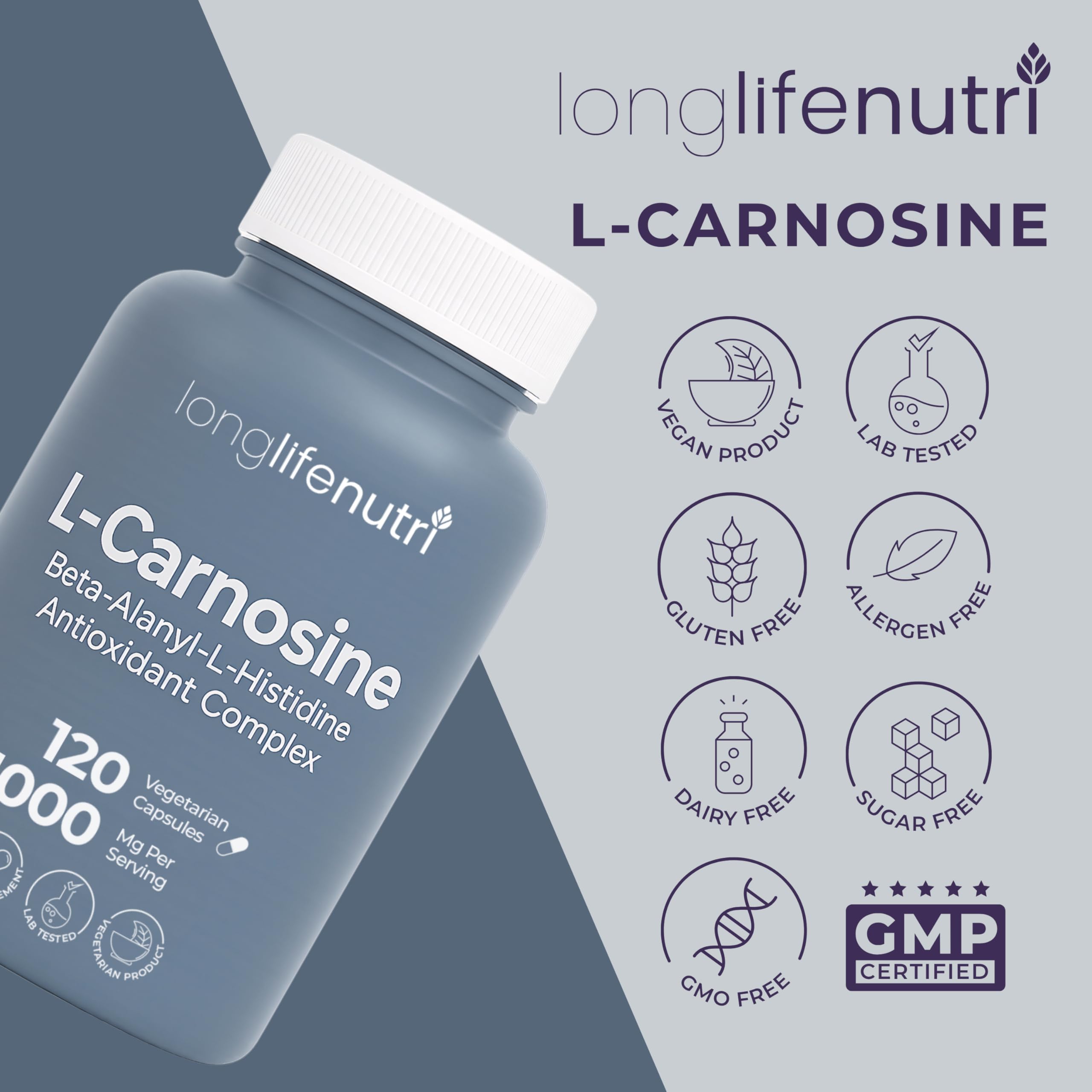 LongLifeNutri L-Carnosine 1000mg bottle with measuring spoon