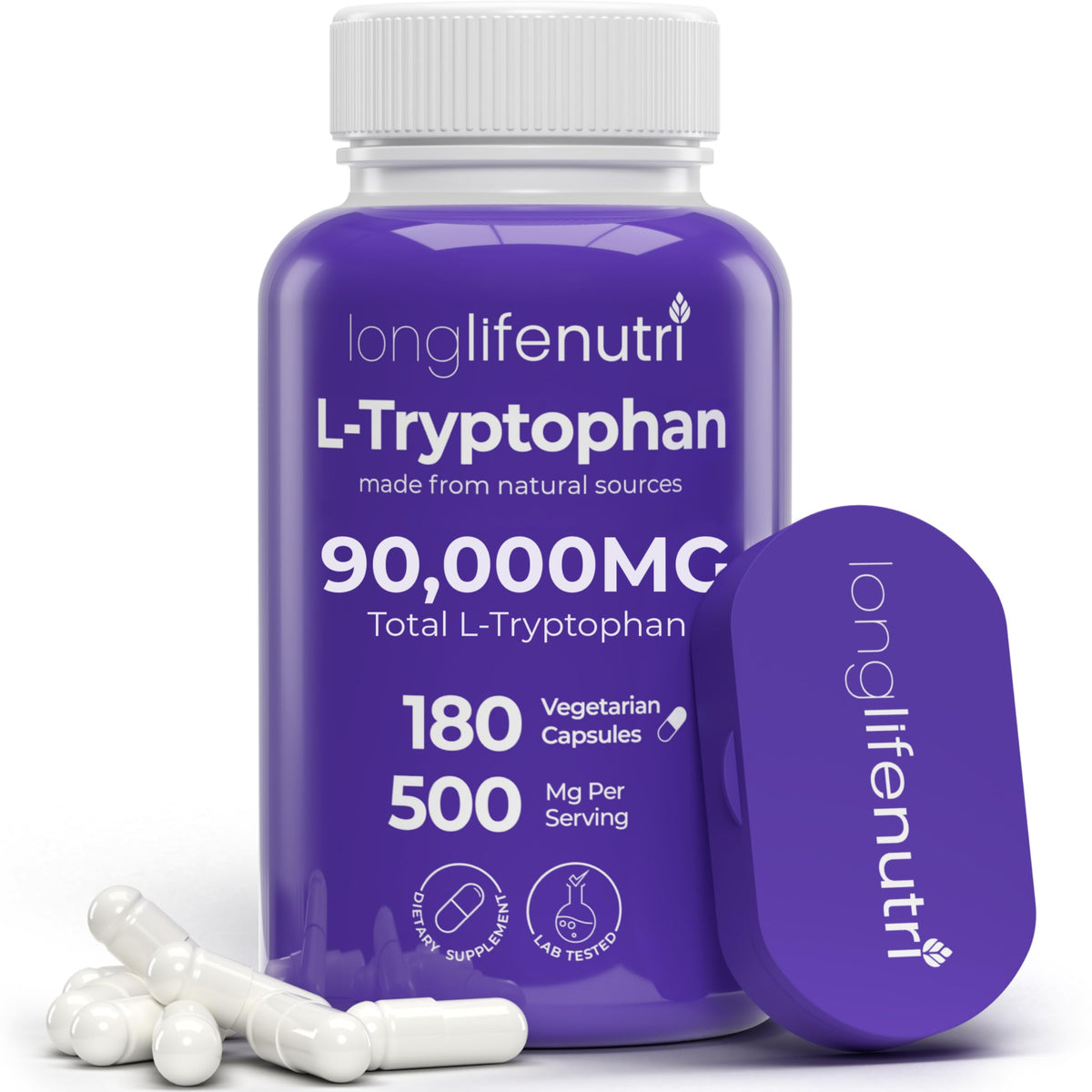LongLifeNutri L-Tryptophan 500mg 180 Veggie Capsules front view