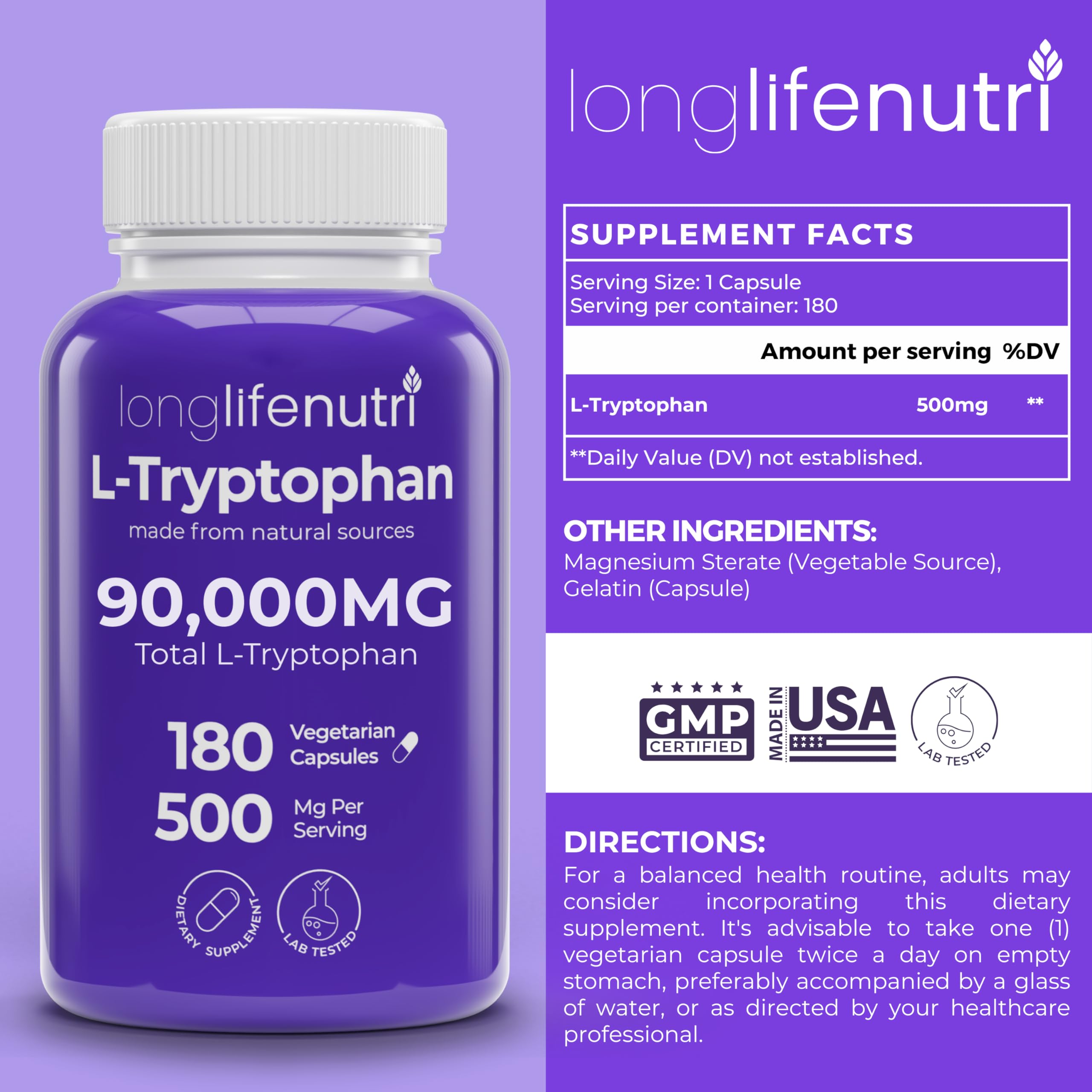 LongLifeNutri L-Tryptophan 500mg 180 Veggie Capsules side view