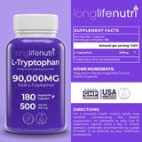 LongLifeNutri L-Tryptophan 500mg 180 Veggie Capsules side view