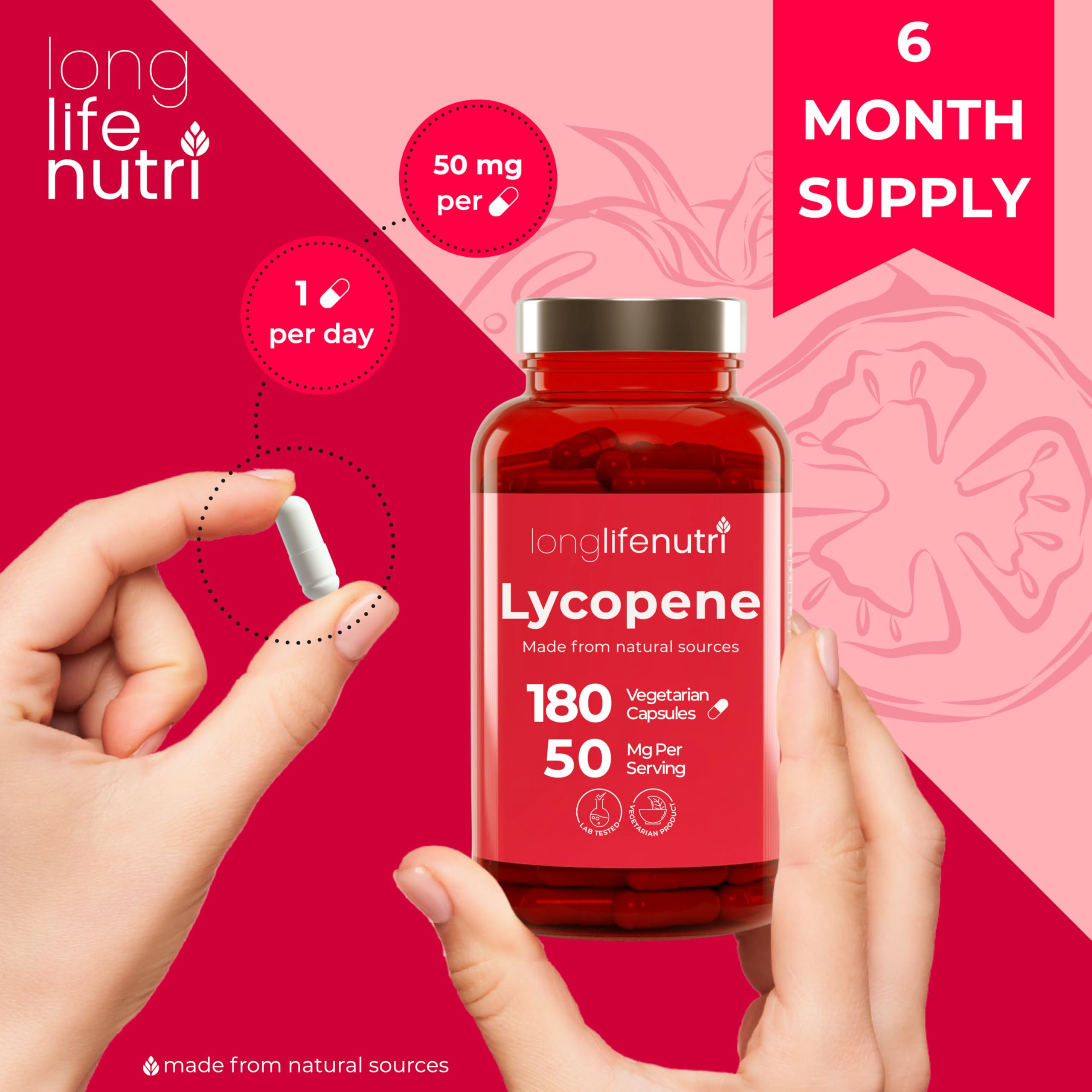 LongLifeNutri Lycopene 50mg Capsules ingredients close-up