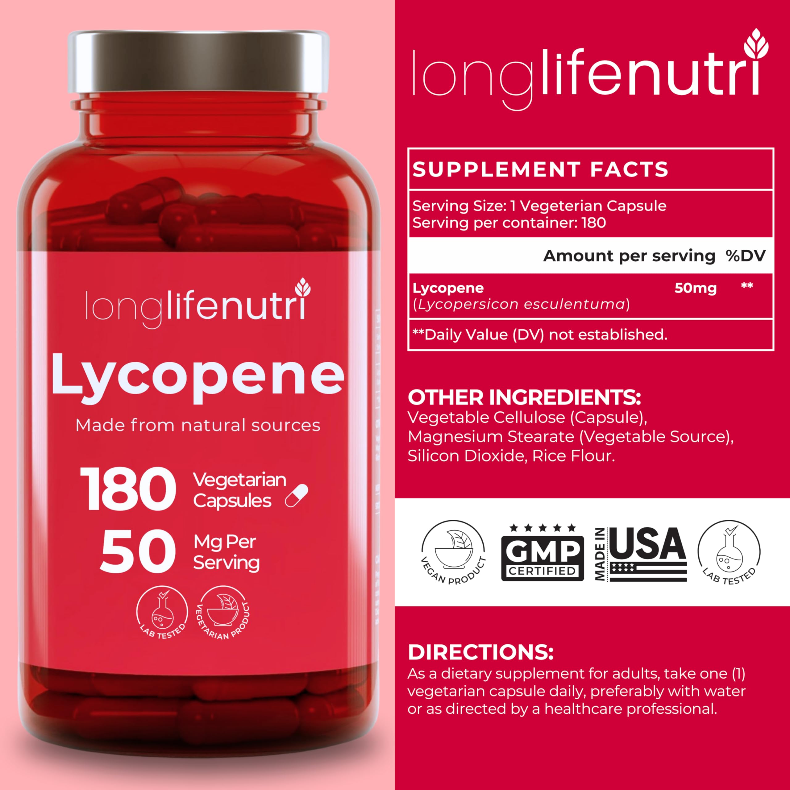 LongLifeNutri Lycopene 50mg Capsules side view