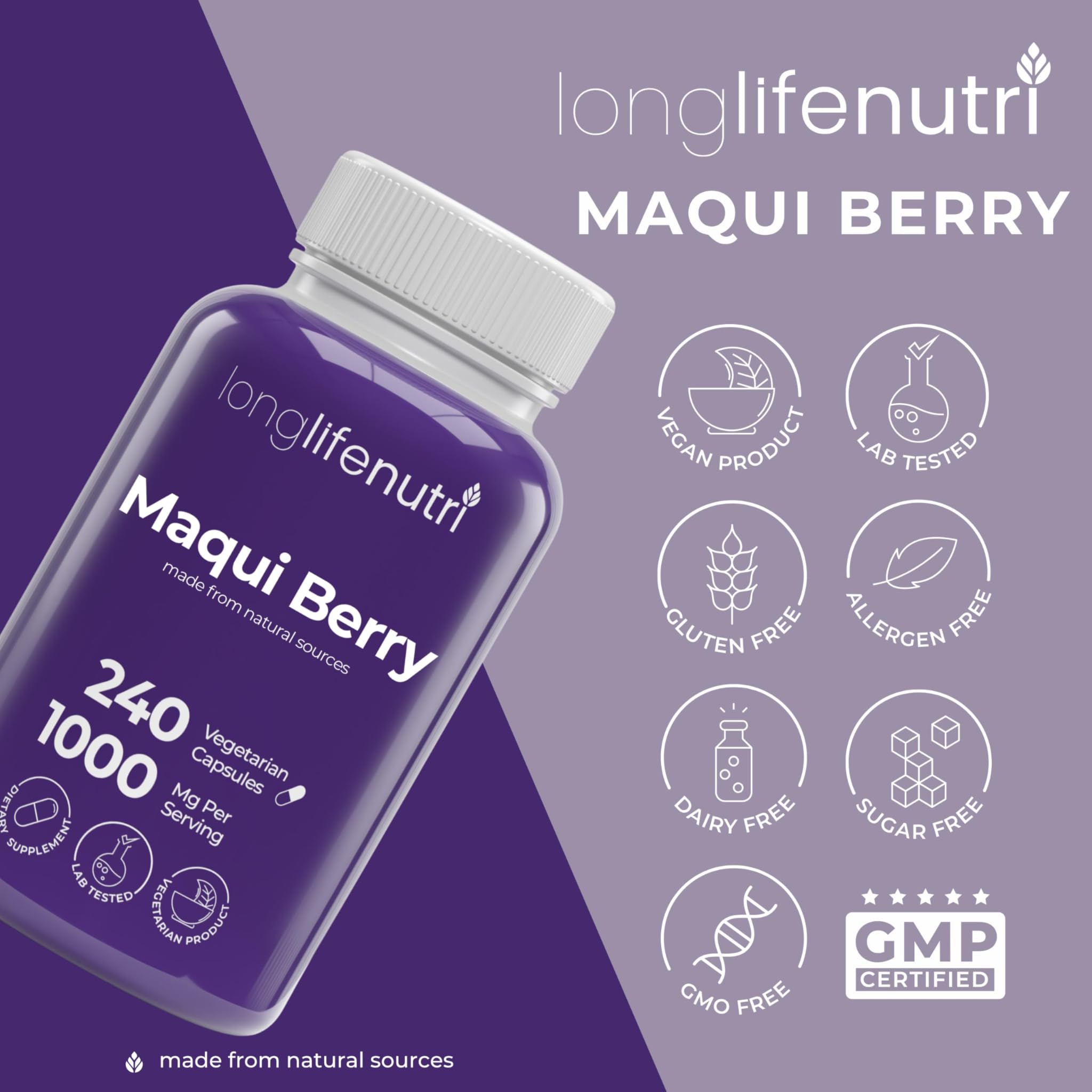 LongLifeNutri Maqui Berry 1000mg Organic Capsules close-up