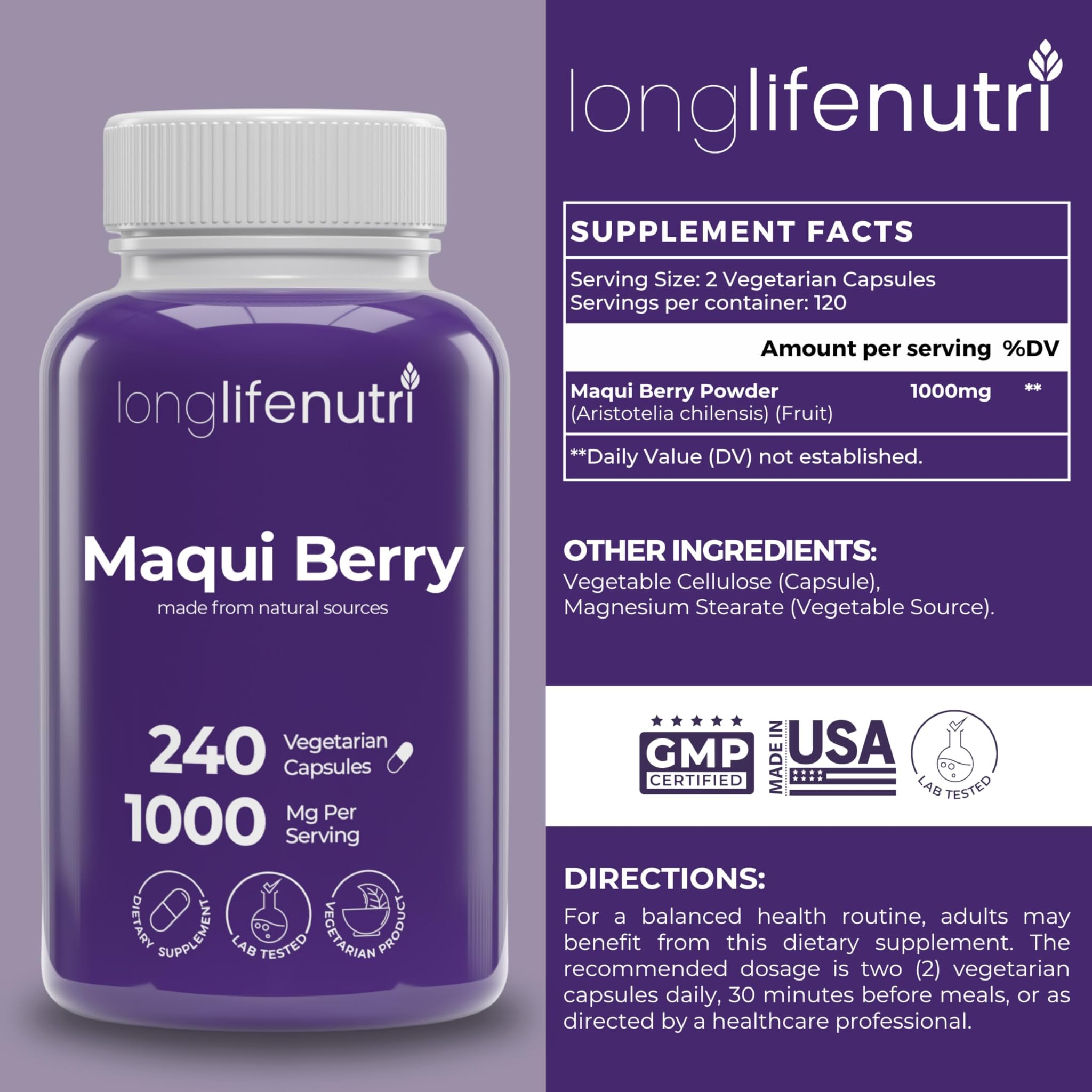 LongLifeNutri Maqui Berry 1000mg Organic Capsules side view
