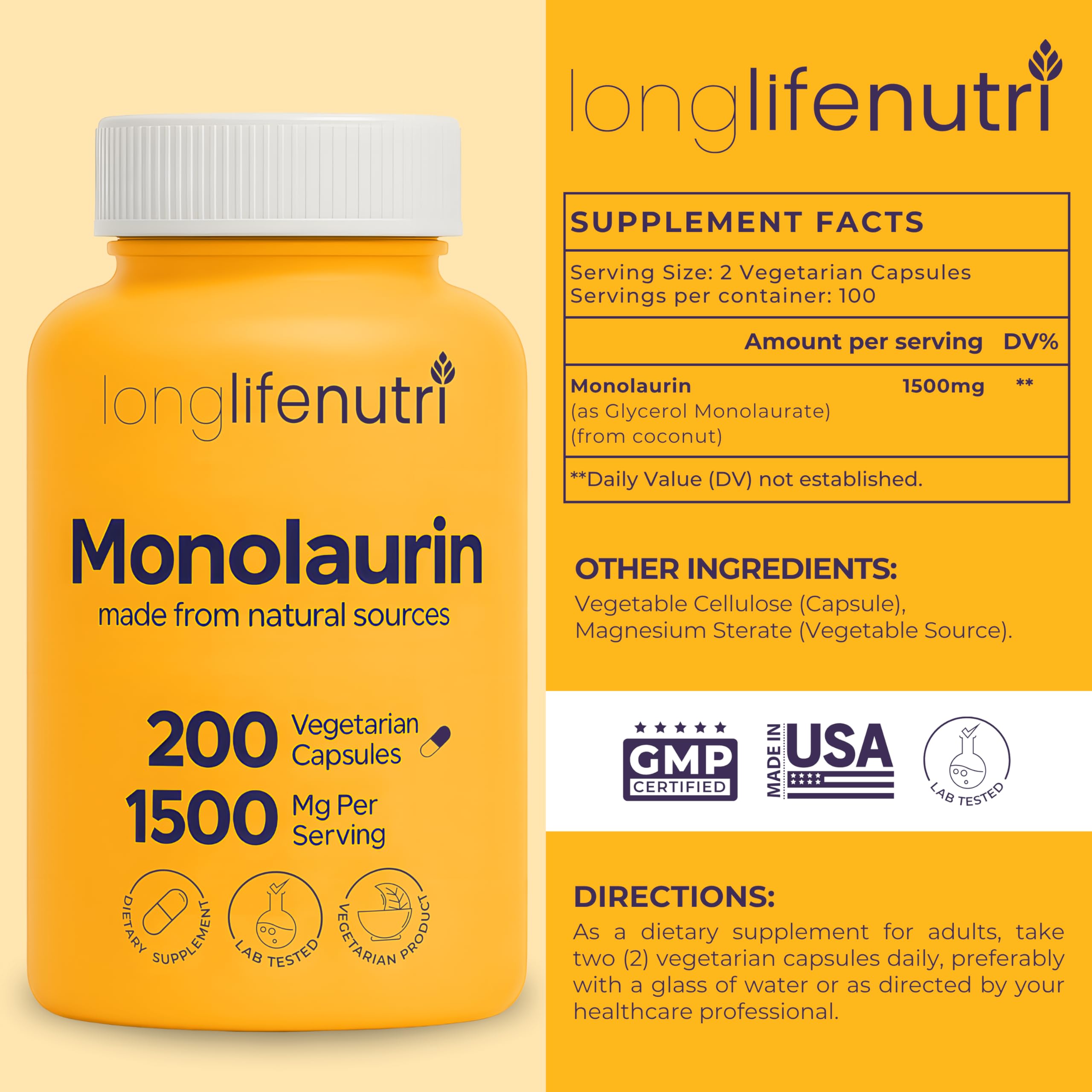 LongLifeNutri Monolaurin Capsules bottle with 200 capsules