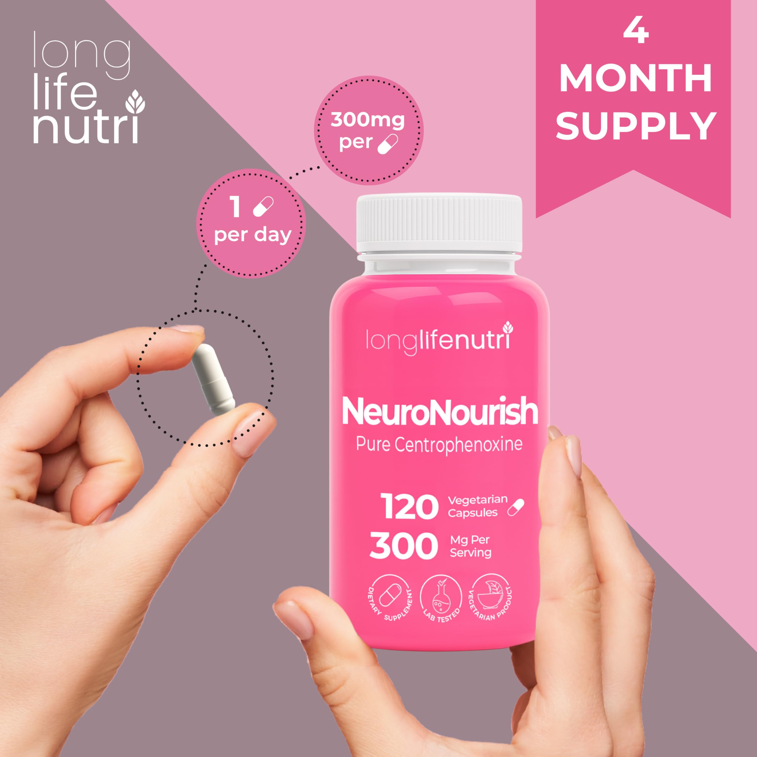 LongLifeNutri NeuroNourish Capsules on a wooden table