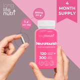 LongLifeNutri NeuroNourish Capsules on a wooden table