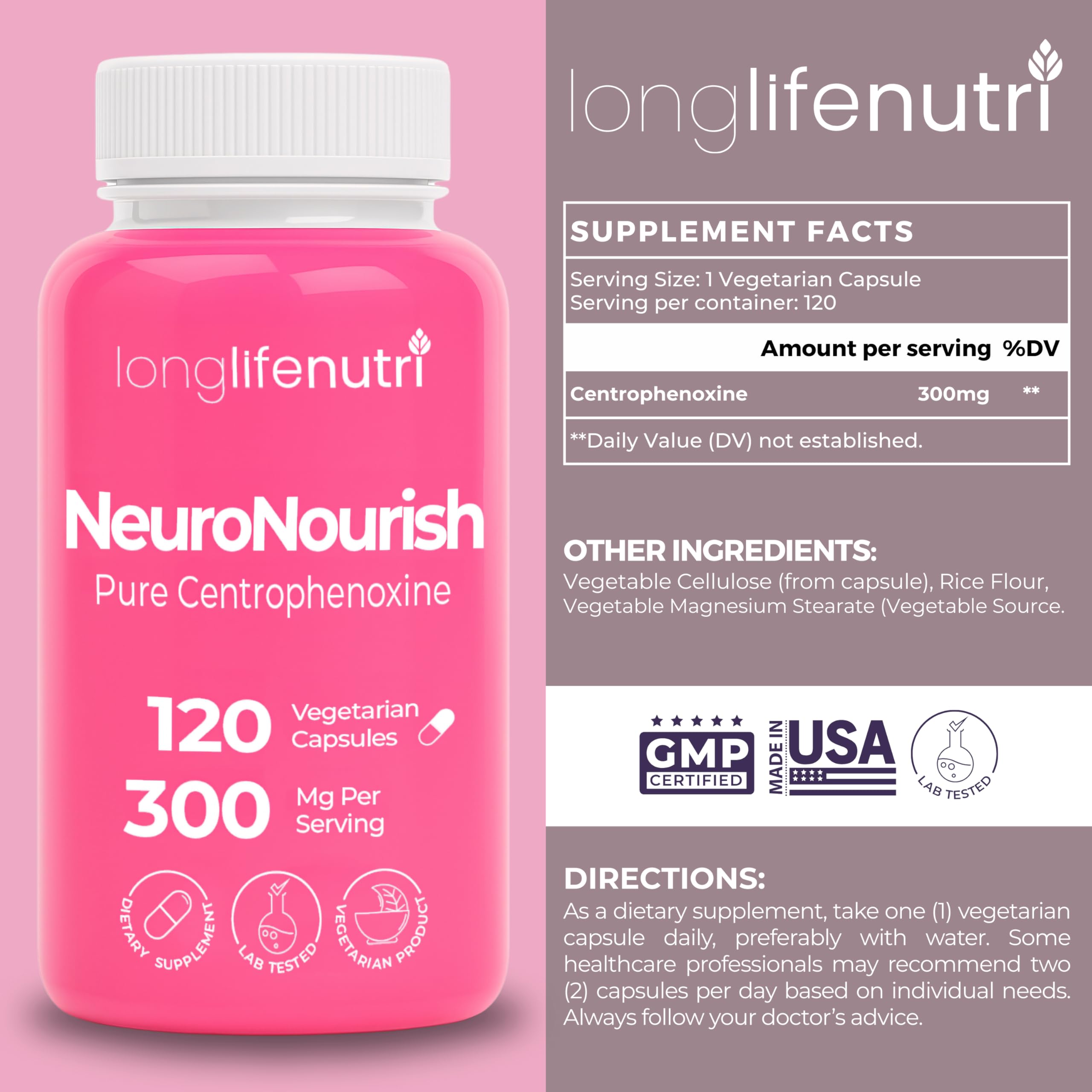 LongLifeNutri NeuroNourish Capsules side view showing label