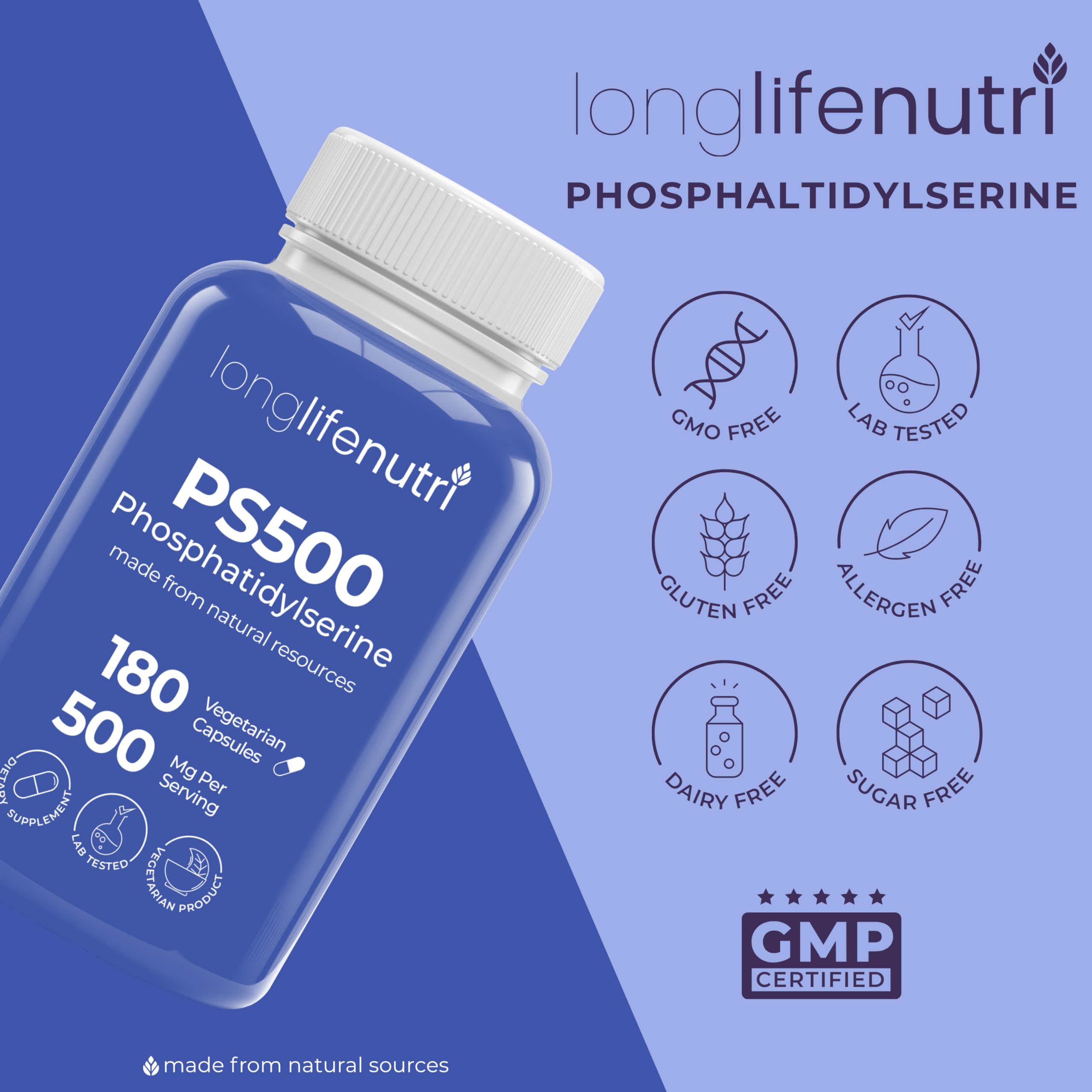 LongLifeNutri Phosphatidylserine Pure 500mg bottle on a wooden table