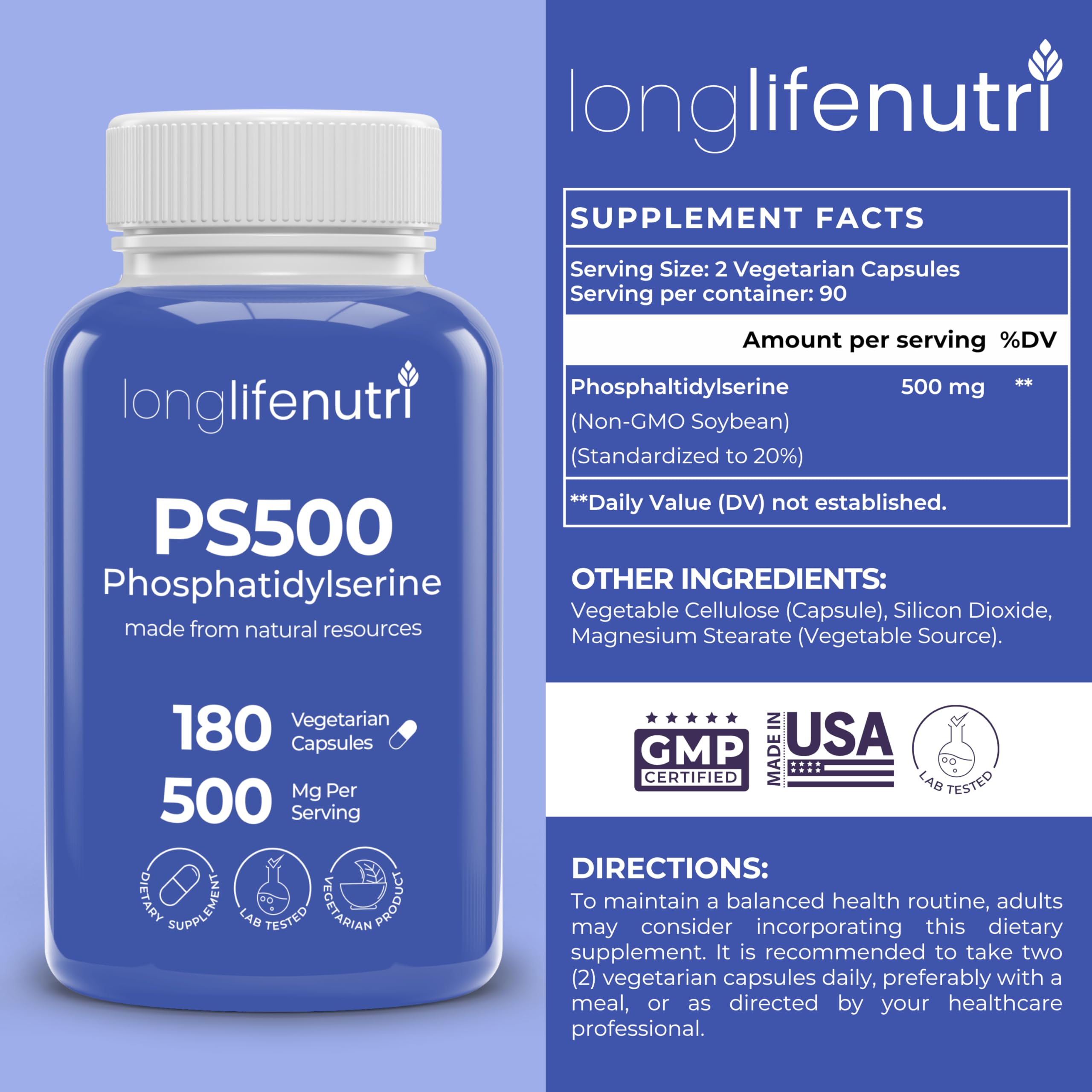 LongLifeNutri Phosphatidylserine Pure 500mg side view showing capsule details