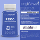 LongLifeNutri Phosphatidylserine Pure 500mg side view showing capsule details
