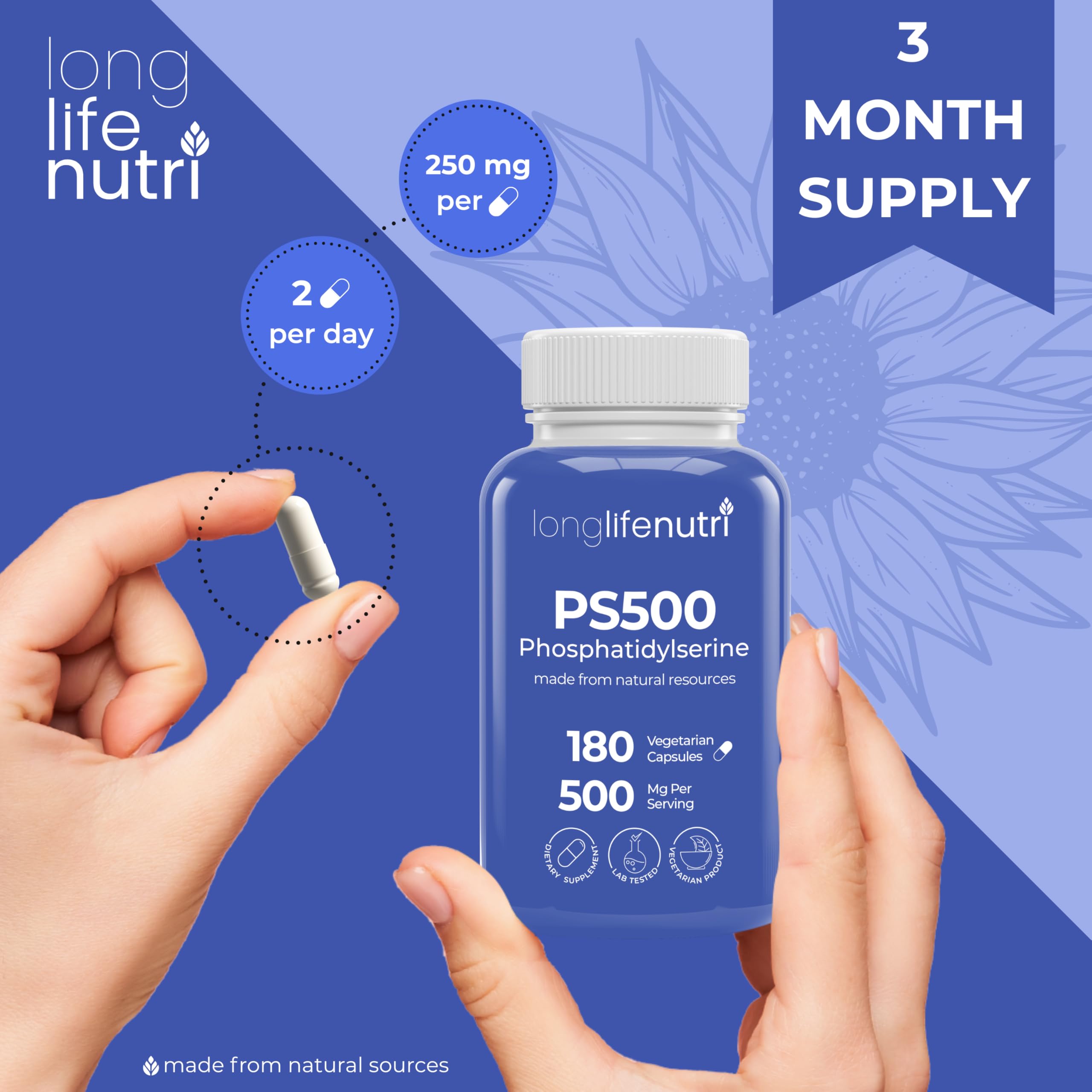 LongLifeNutri Phosphatidylserine Pure 500mg with premium pill organizer